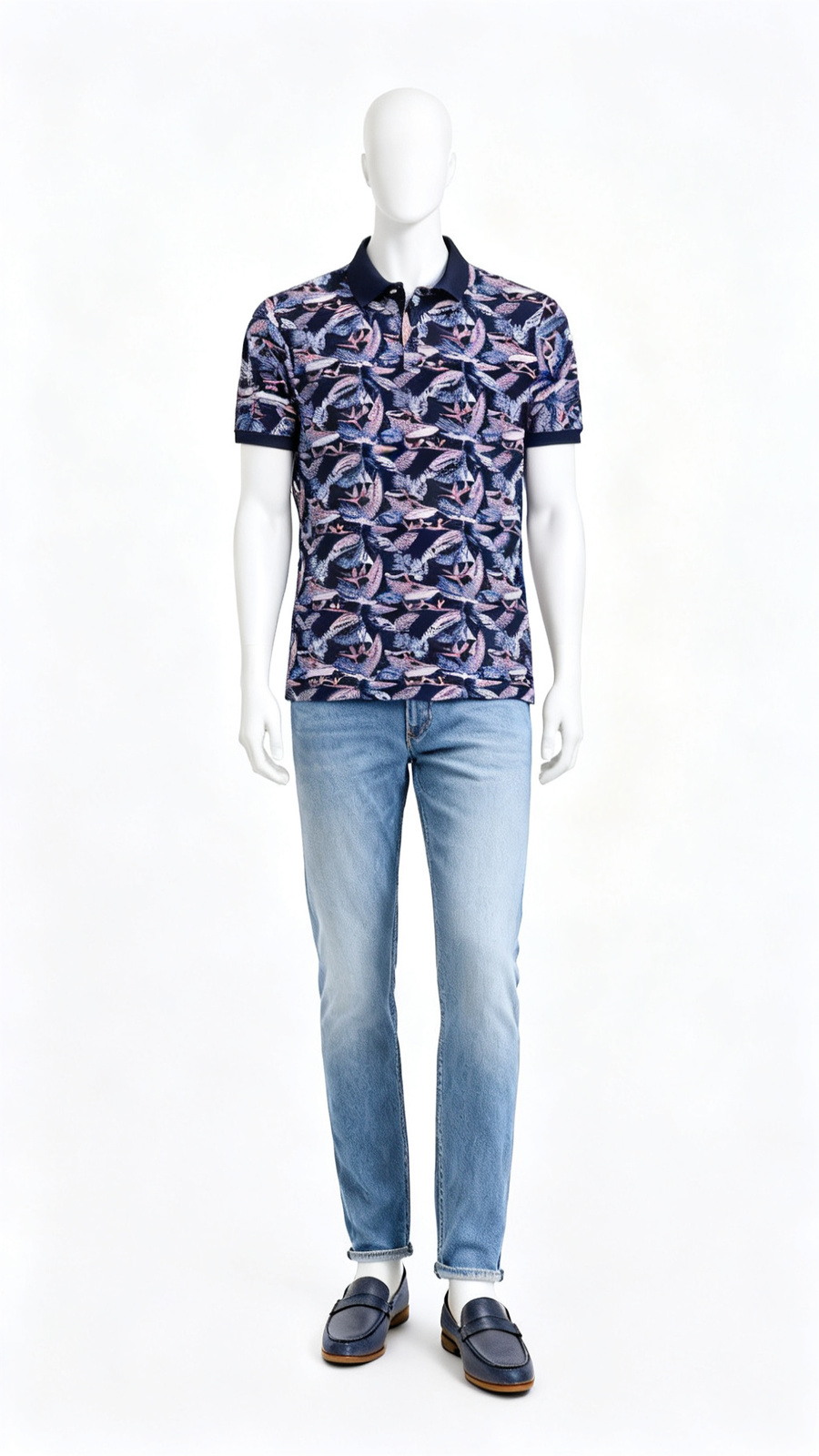 Men’s Navy Floral Printed Polo T-Shirt