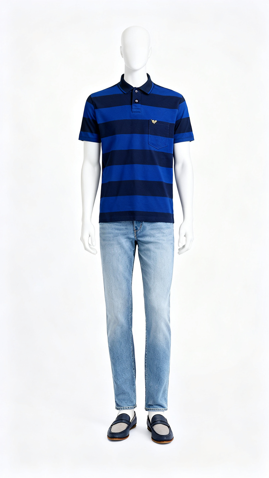 Men’s Blue & Navy Broad Striped Polo T-Shirt