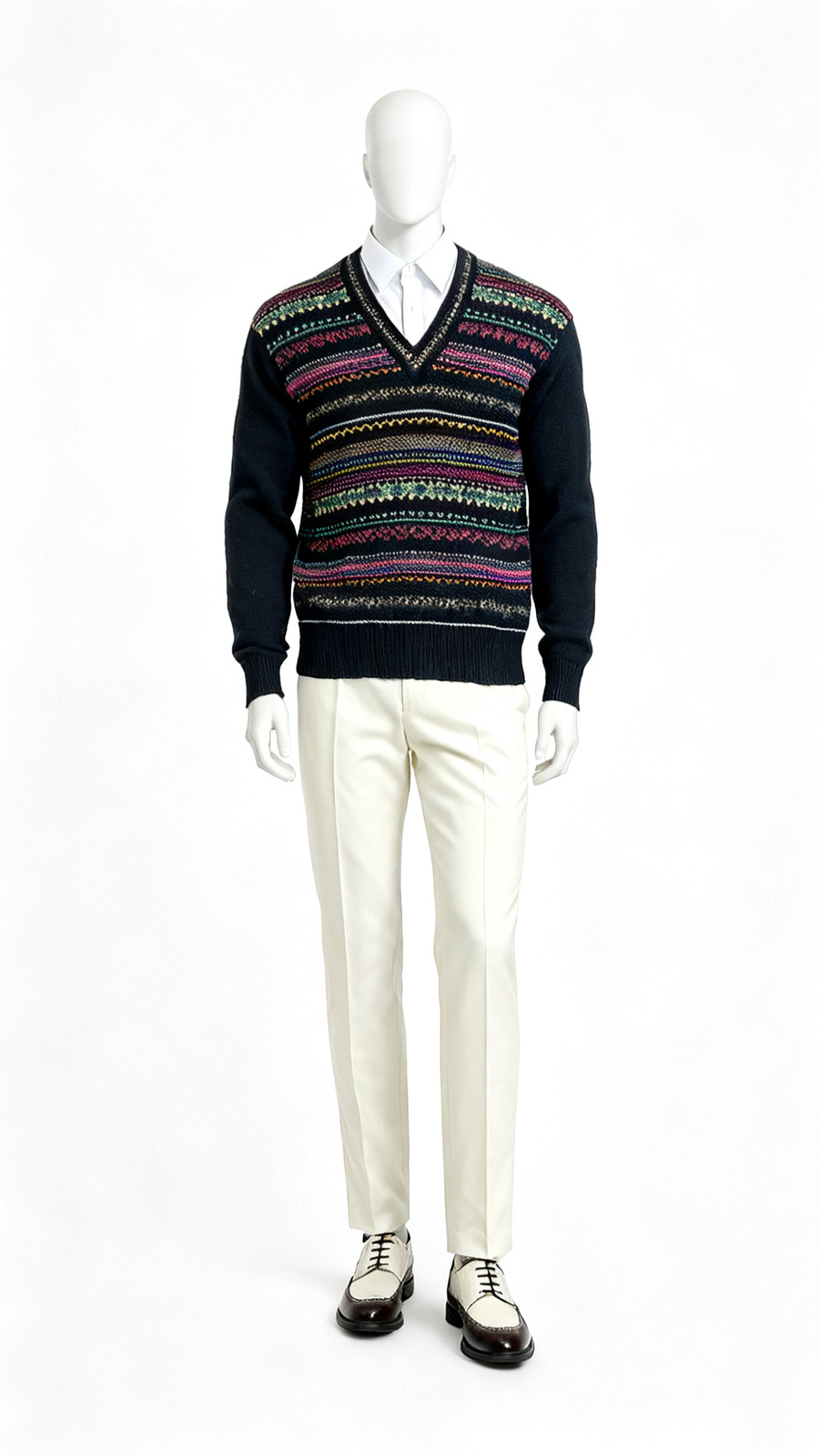 Multicolor Patterned V Neck Sweater