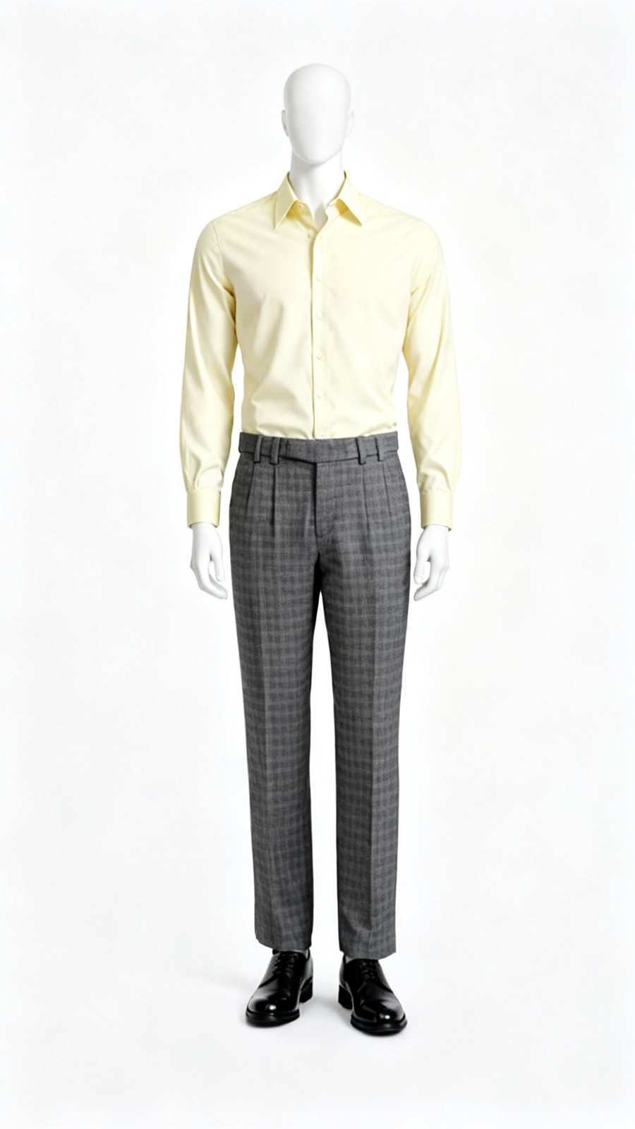 Grey Textured Plaid Pleated Wide-Leg Trousers