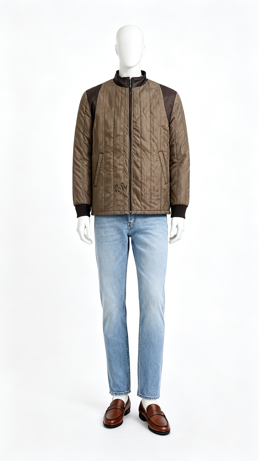 **Men Brown Quilted Zip Front Jacket**