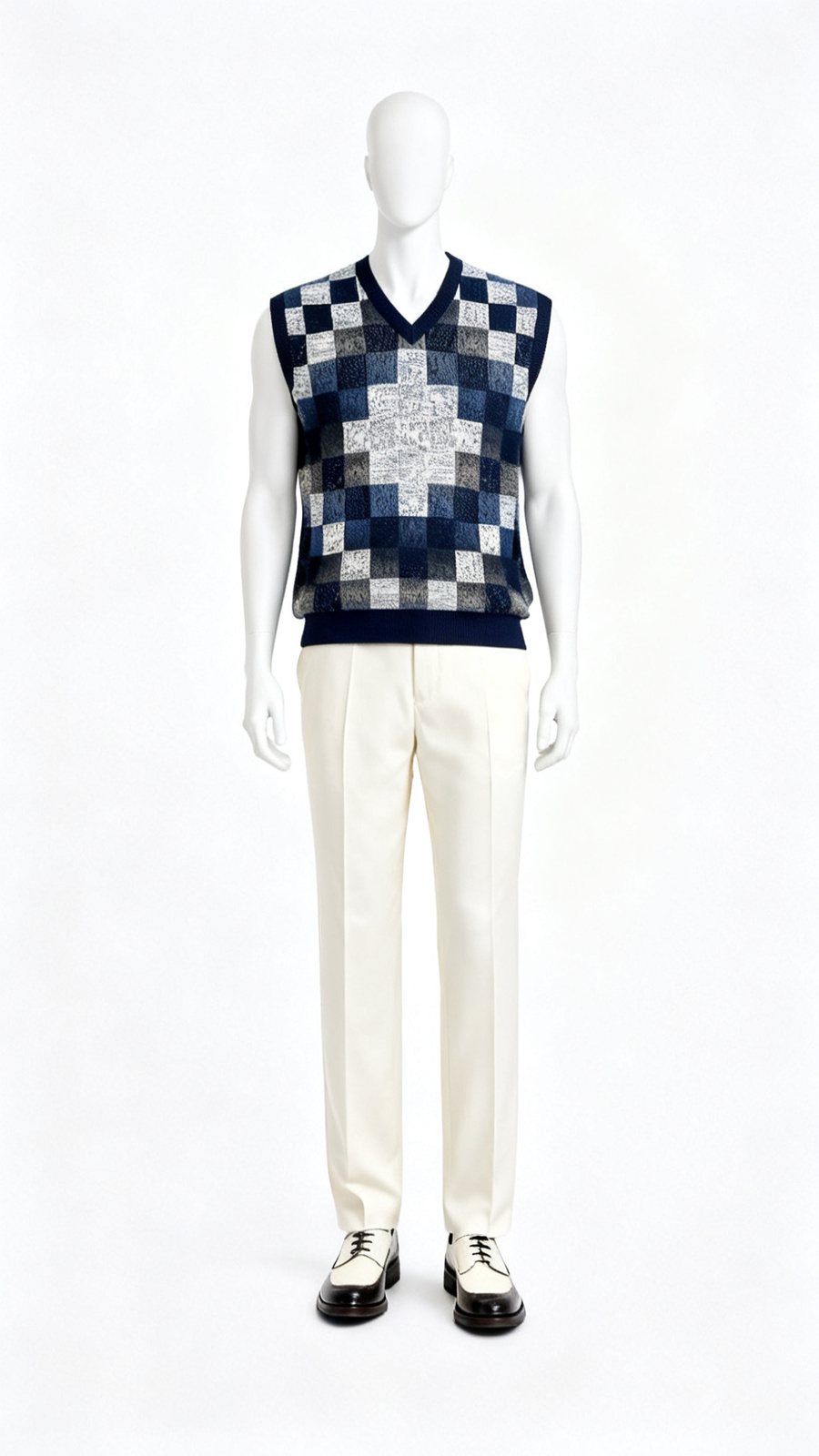 Men Sleeveless Checked V-Neck Sweater