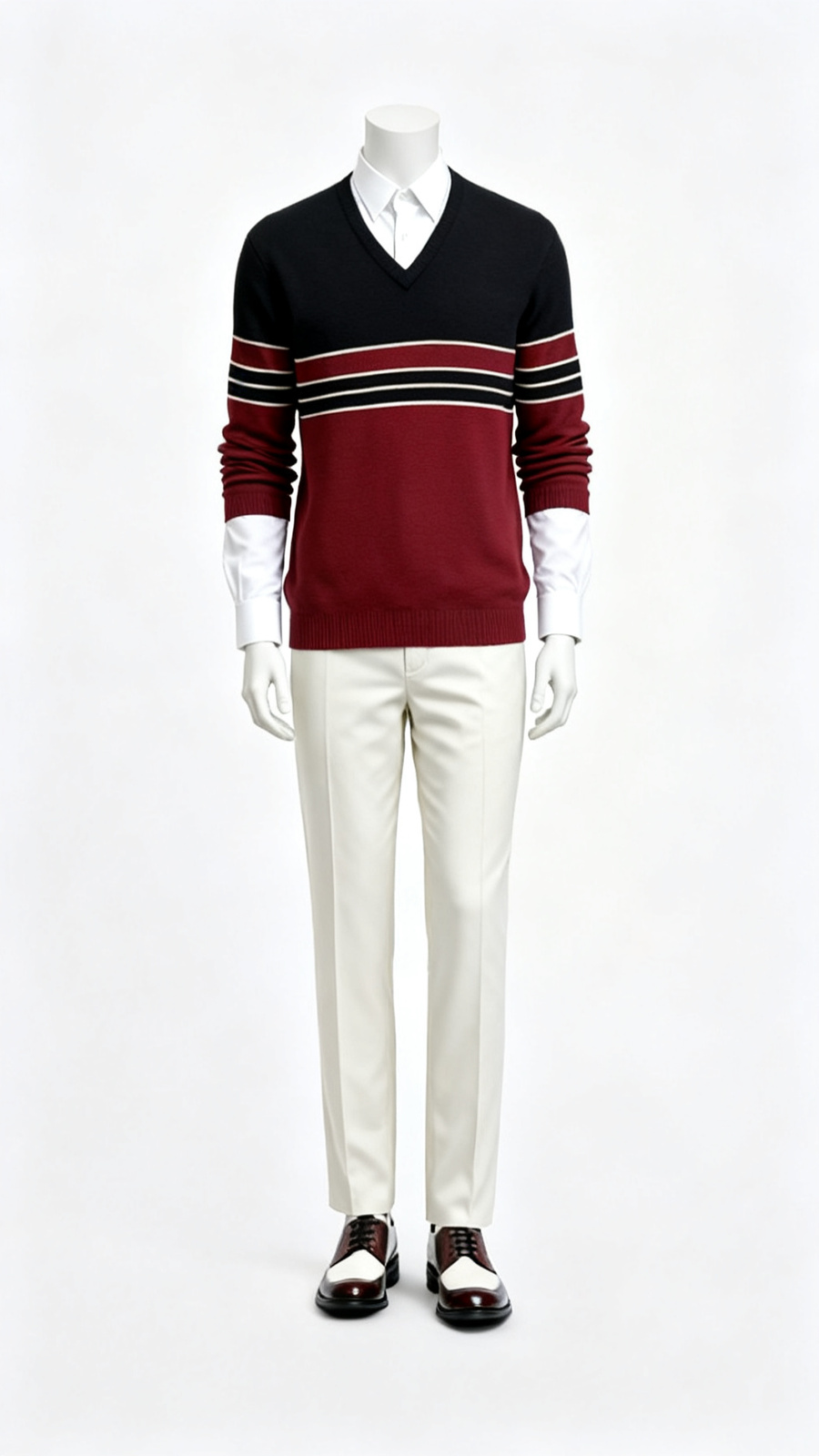 Red And Black Striped V Neck Sweater