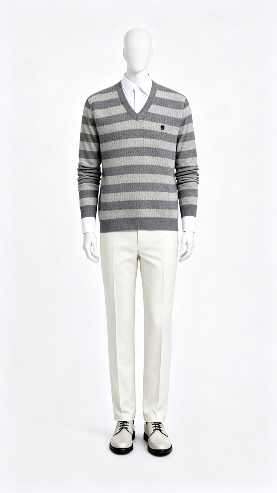Grey Striped Textured V Neck Sweater