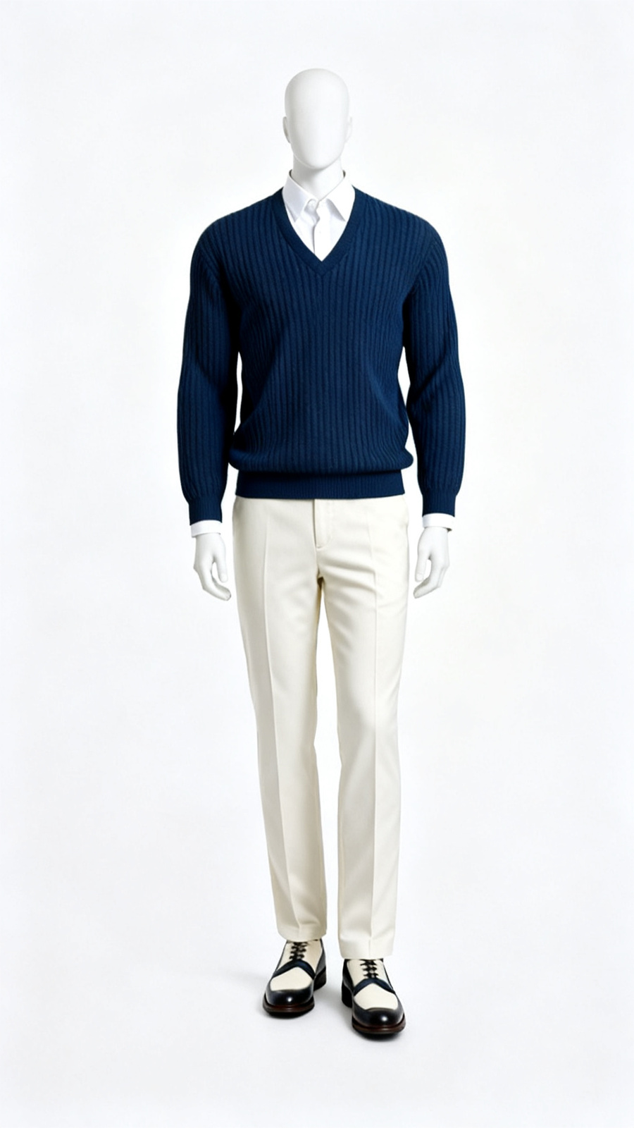 Blue Ribbed V Neck Long Sleeve Sweater