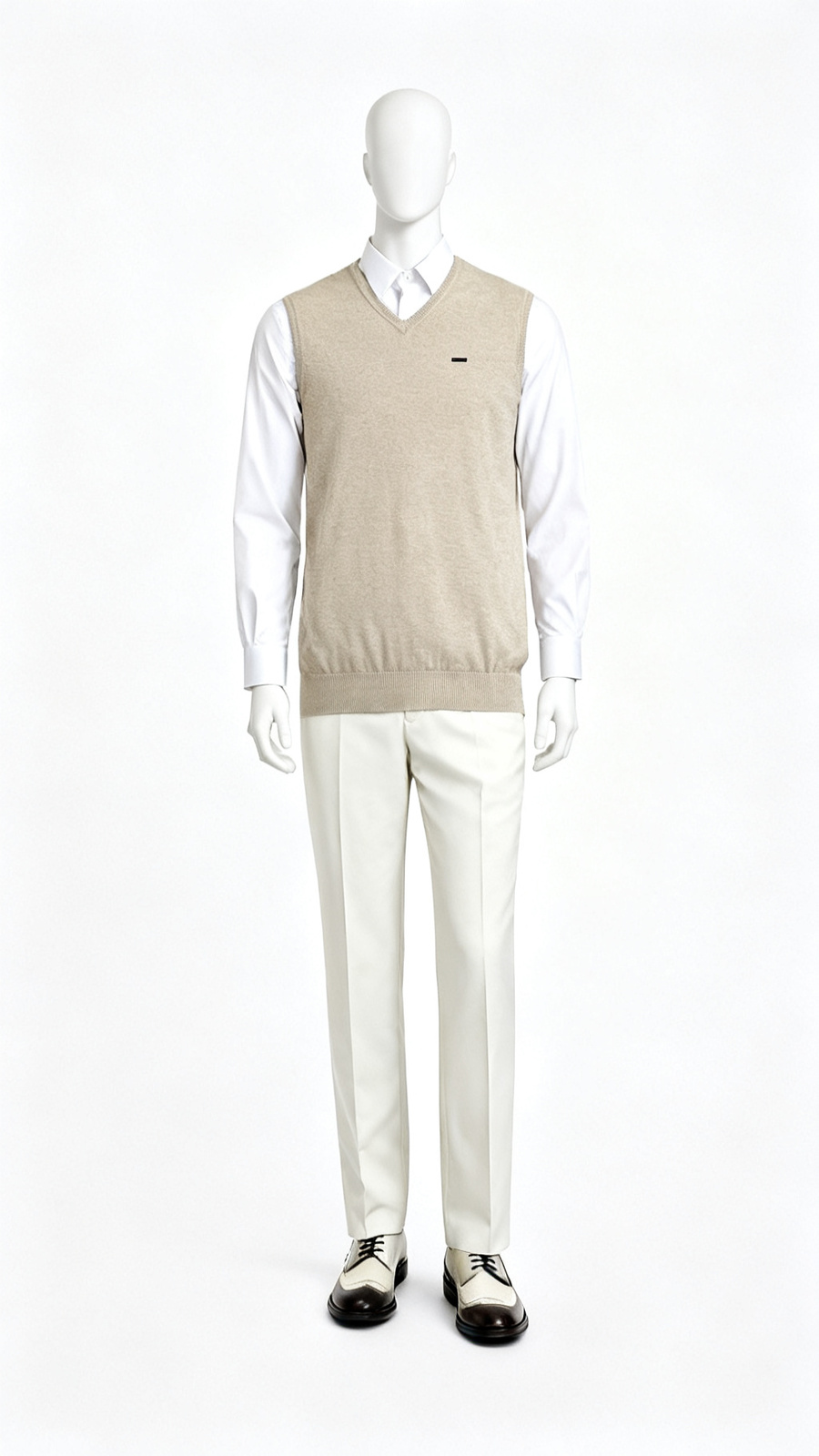 Beige Solid Sleeveless V Neck Sweater
