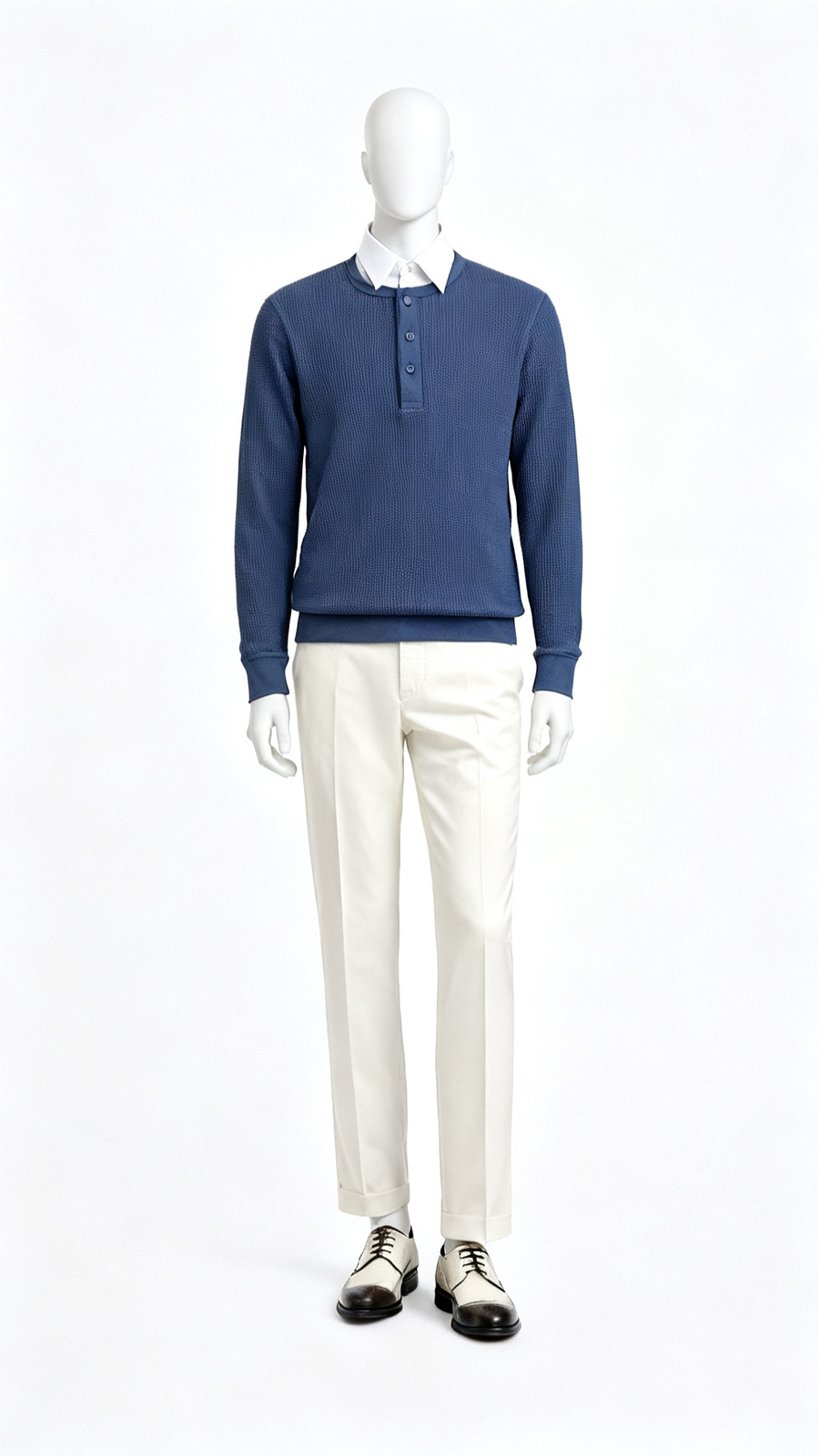 Blue Textured Long Sleeve Henley Top