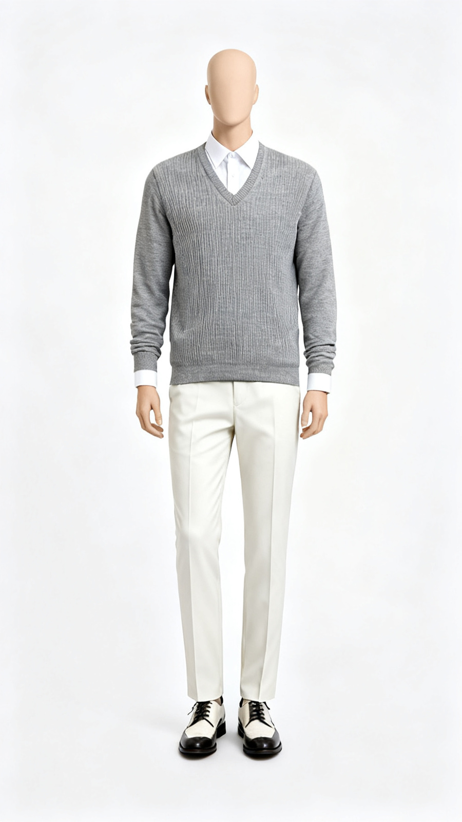 Grey Textured V Neck Long Sleeve Sweater