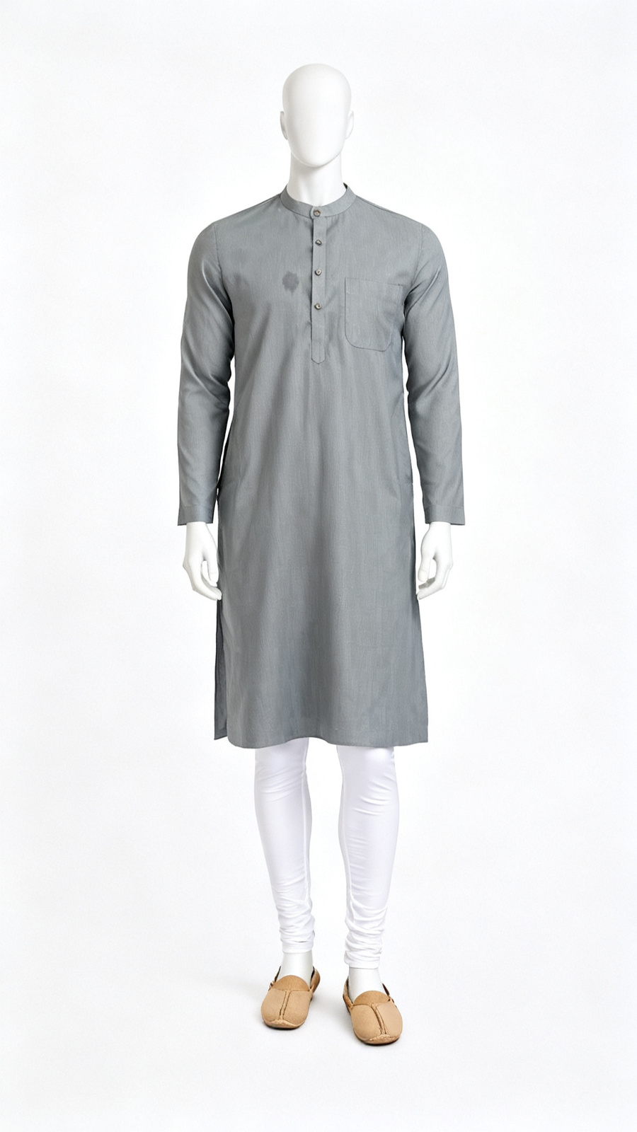 **Men Solid Grey Mandarin Collar Long Kurta**