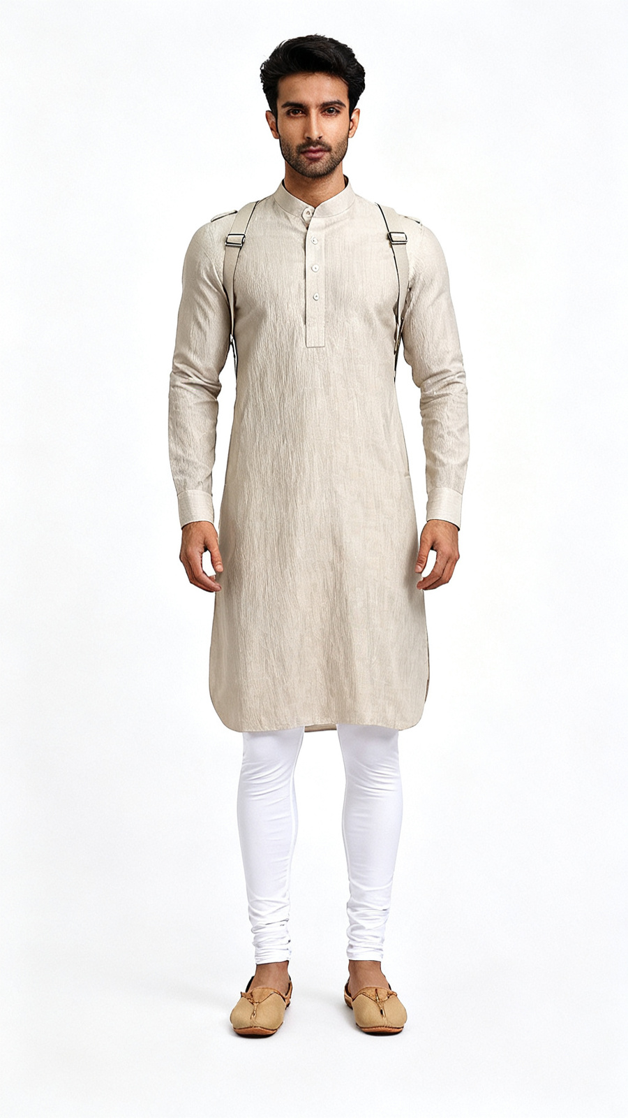 **Men Solid Beige Collared Long Kurta**