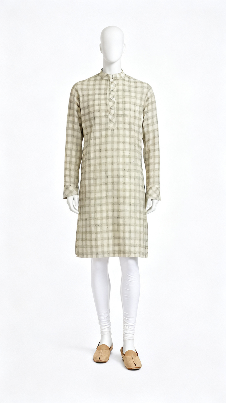 Men Checked Olive Traditional Long Kurta