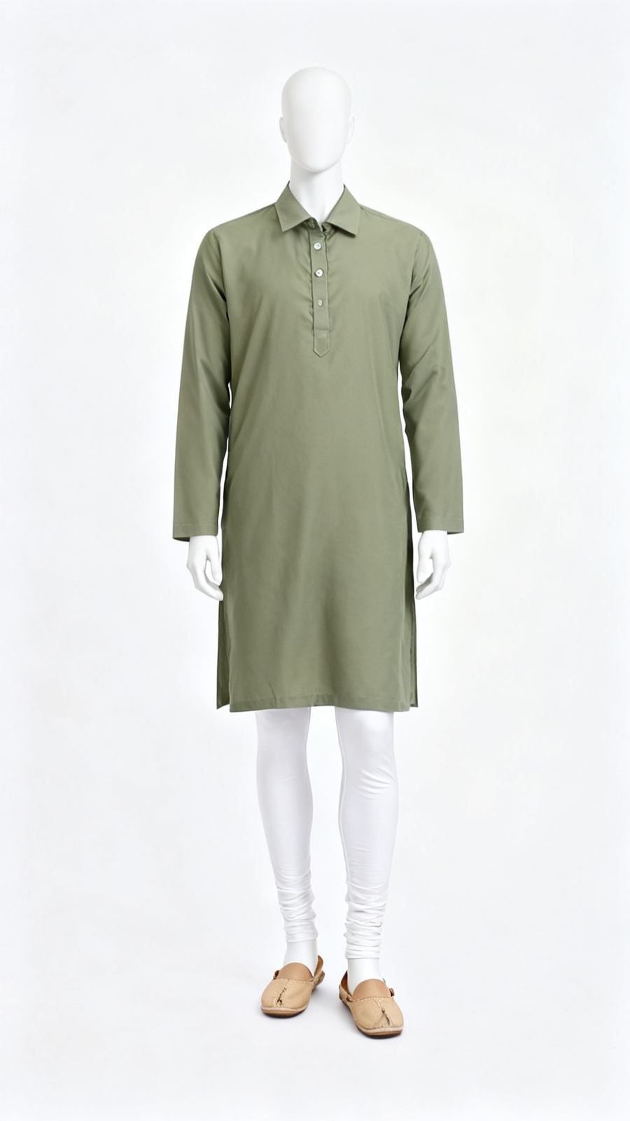 **Men Solid Olive Collared Long Kurta**