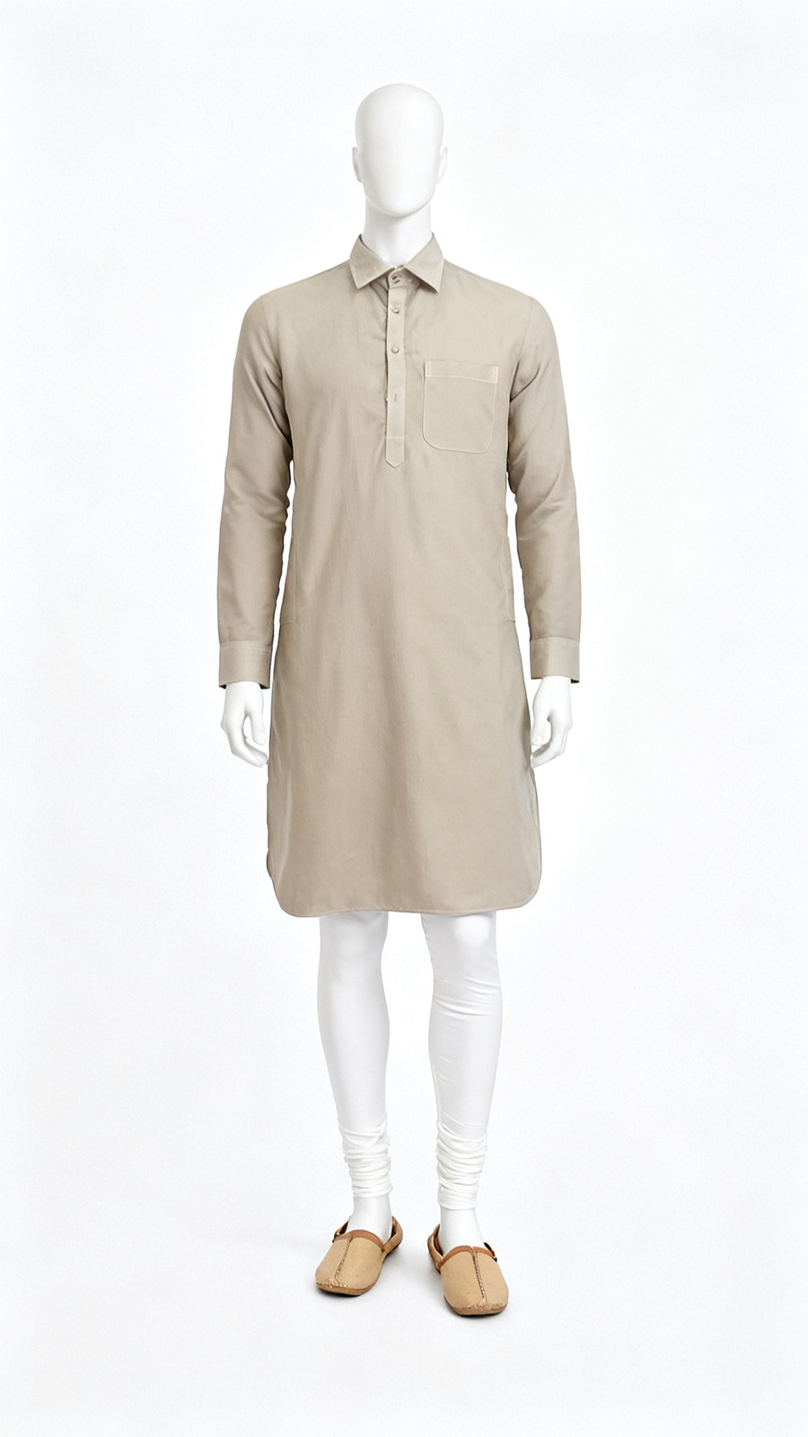 **Men Solid Beige Pocket Long Kurta**