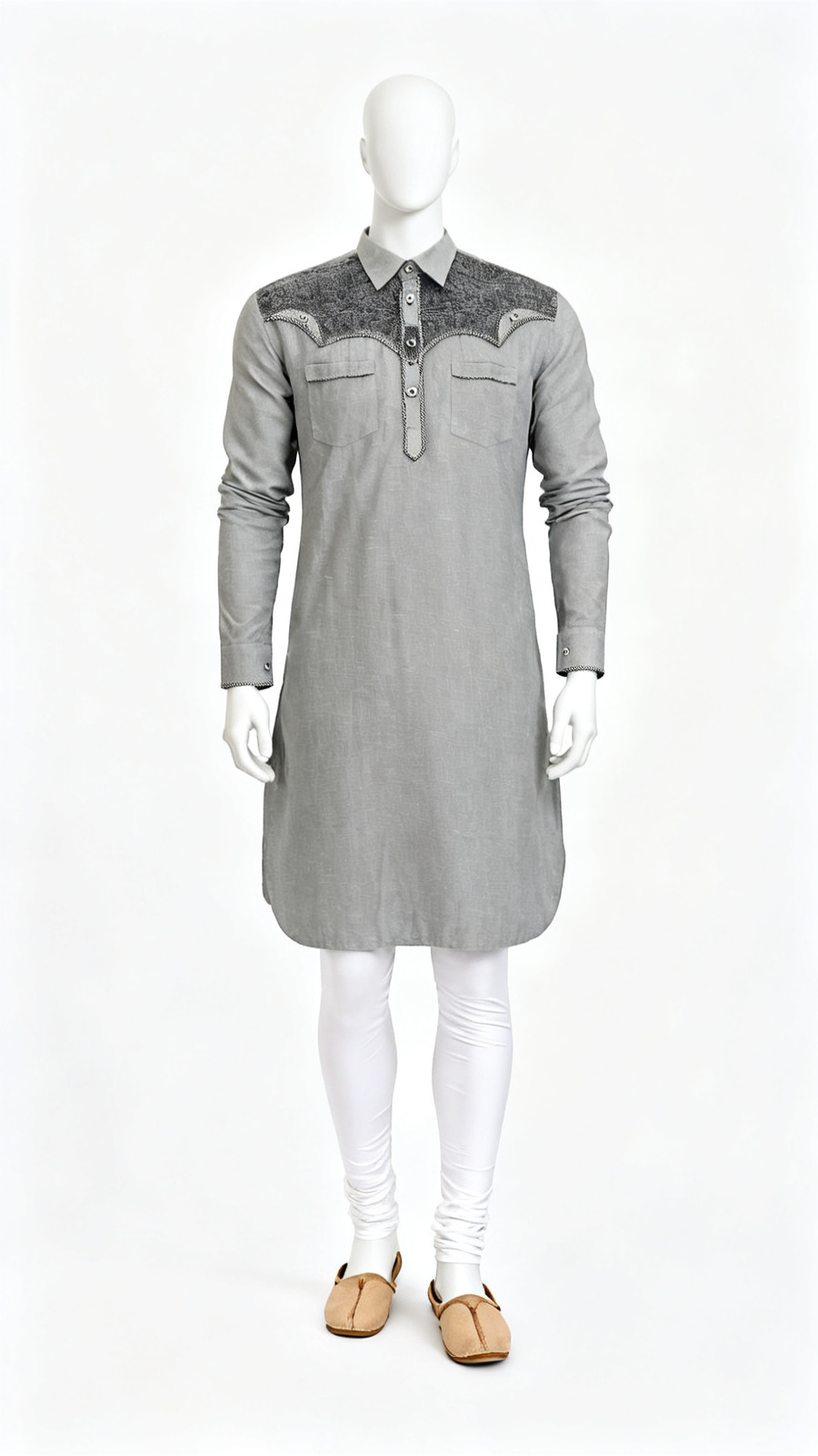 **Men Solid Grey Panelled Pocket Kurta**