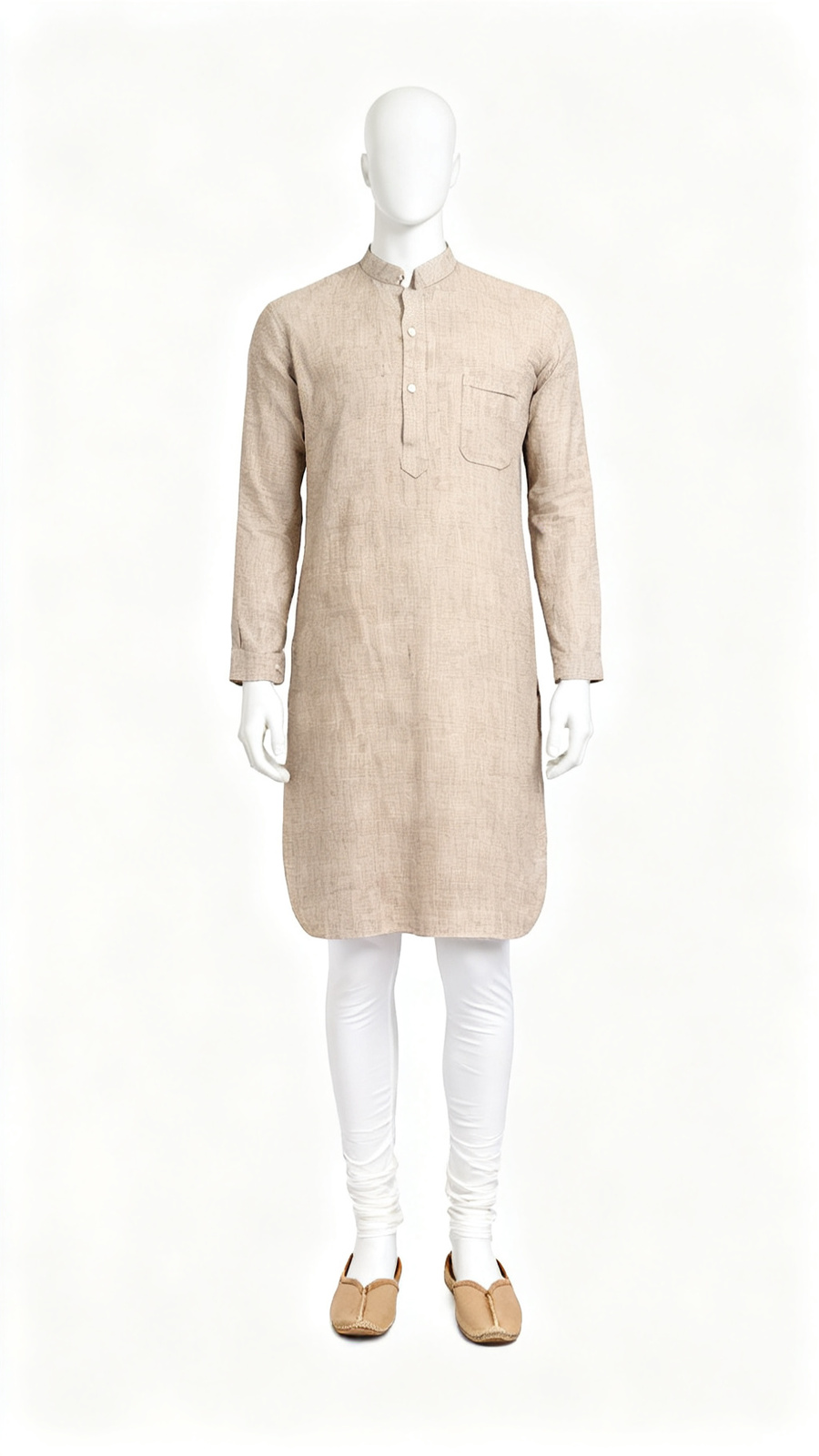 **Men Textured Beige Long Kurta Traditional Wear**