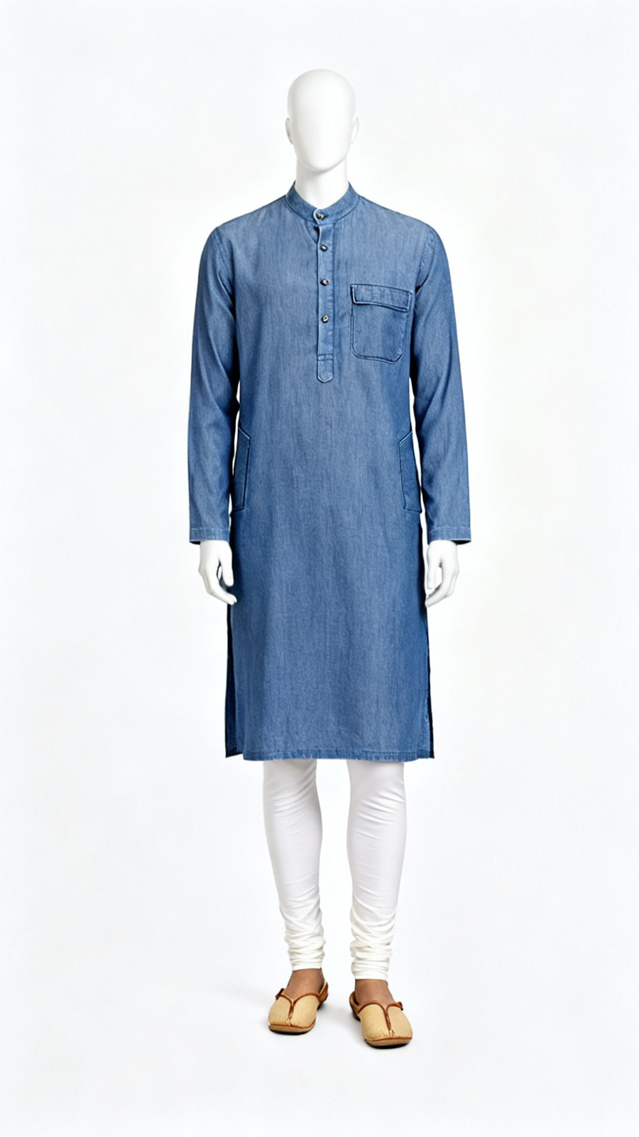 **Men Solid Blue Long Kurta Casual Wear**