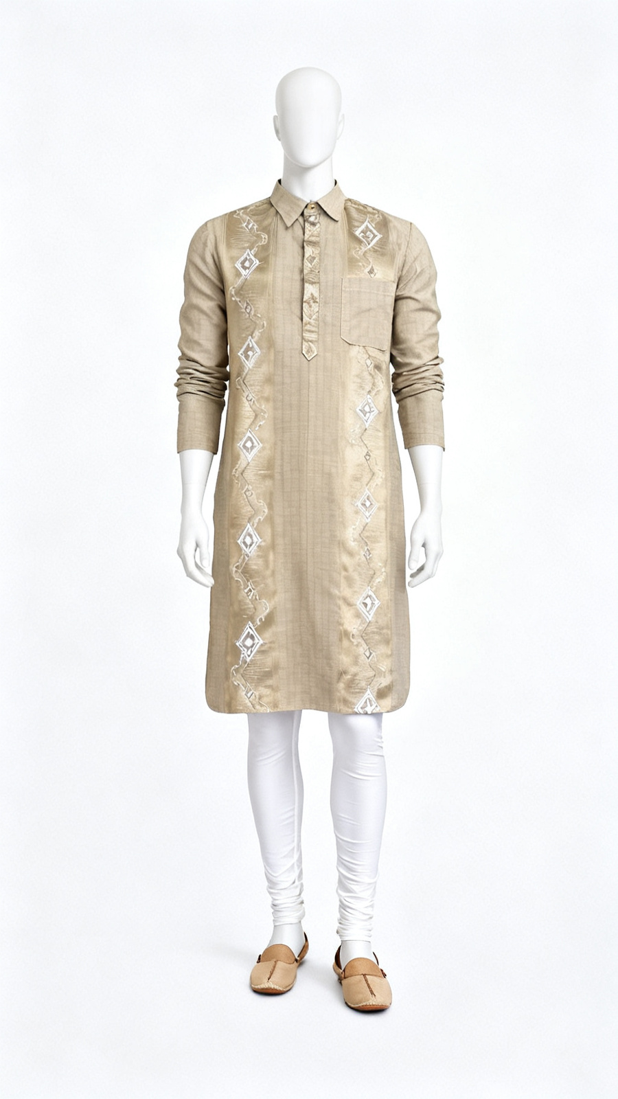 Men Beige Embroidered Long Kurta Festive Wear
