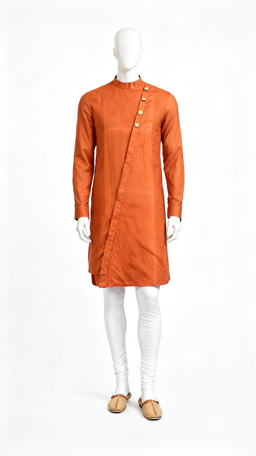Men Orange Solid Asymmetric Kurta Festive Wear