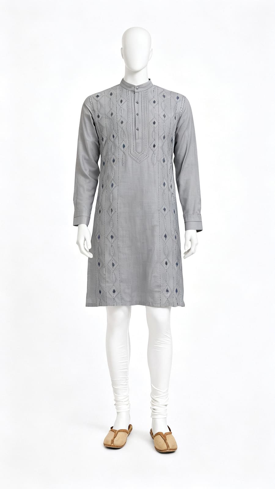 Men Grey Embroidered Cotton Kurta