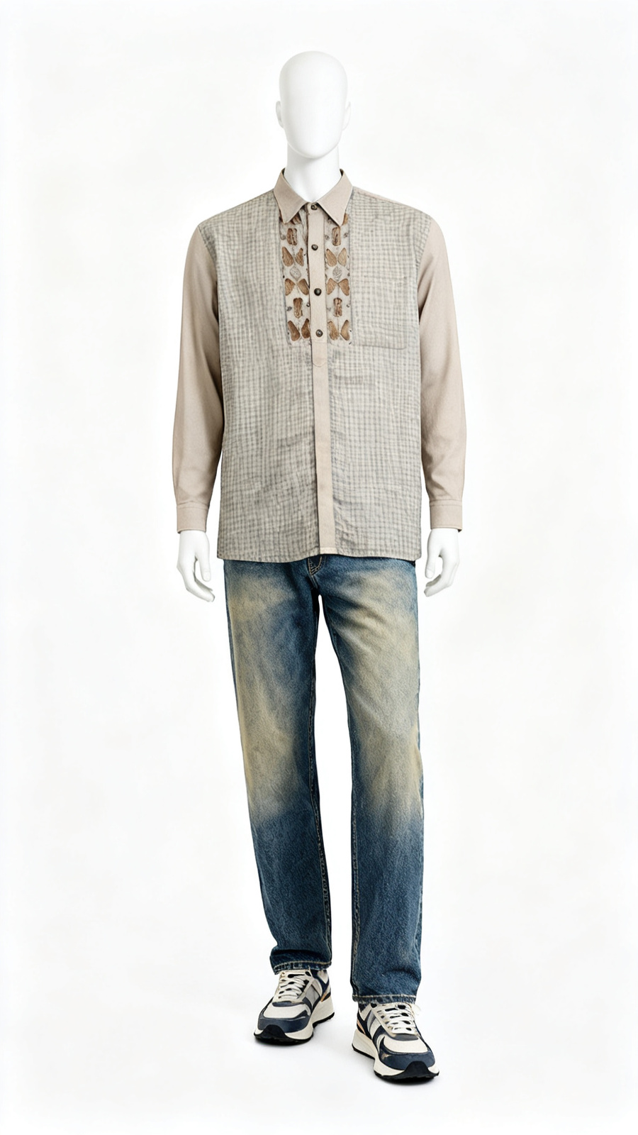 Men’s Beige Ethnic Panel Shirt