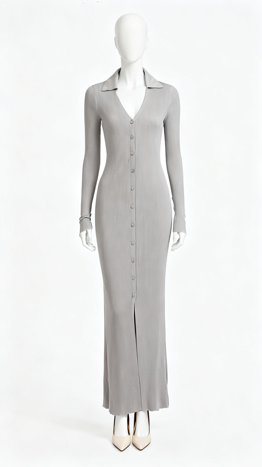 **Ribbed Button Front Maxi Dress**