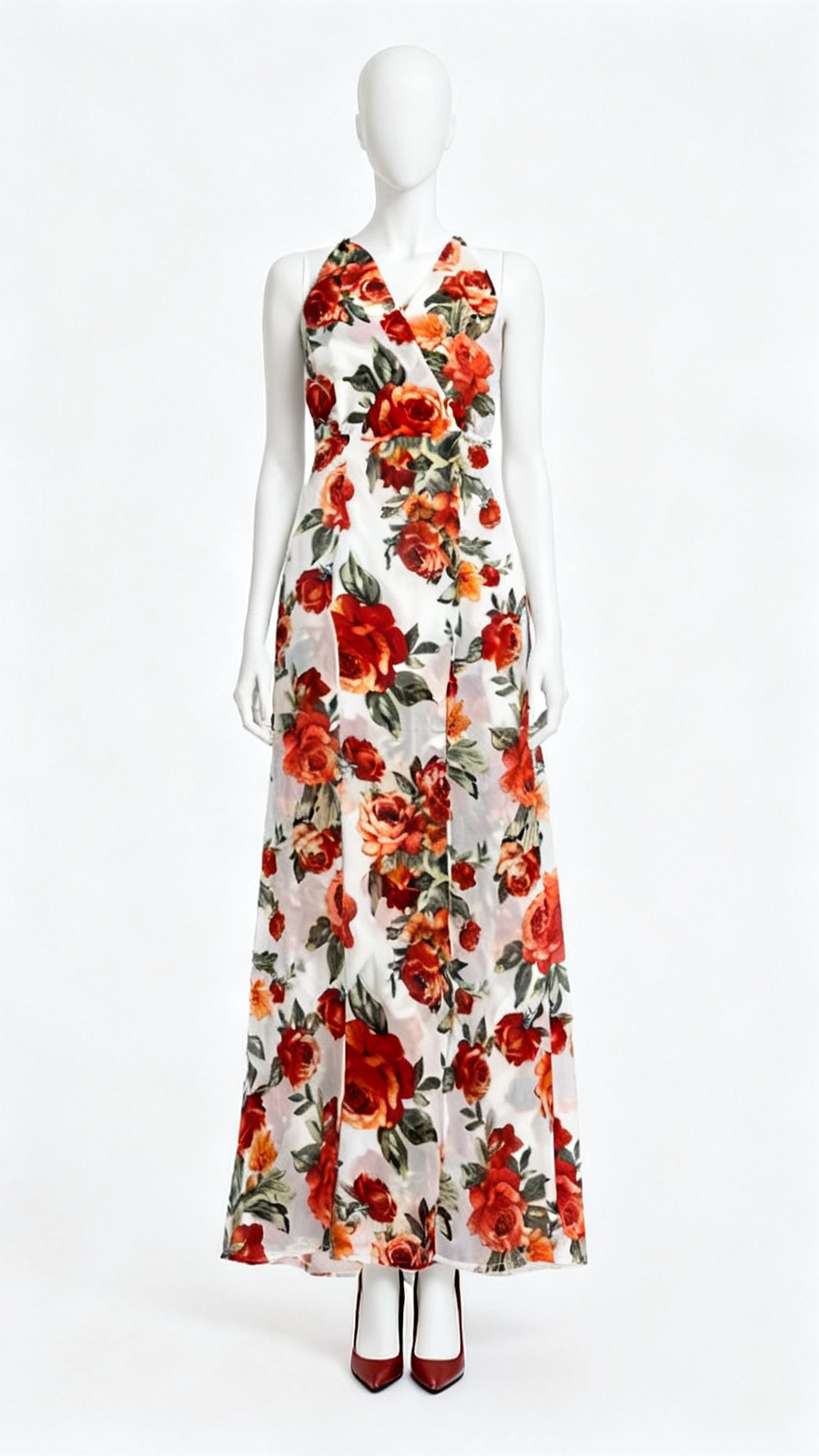 **White Floral Halter Maxi Dress**