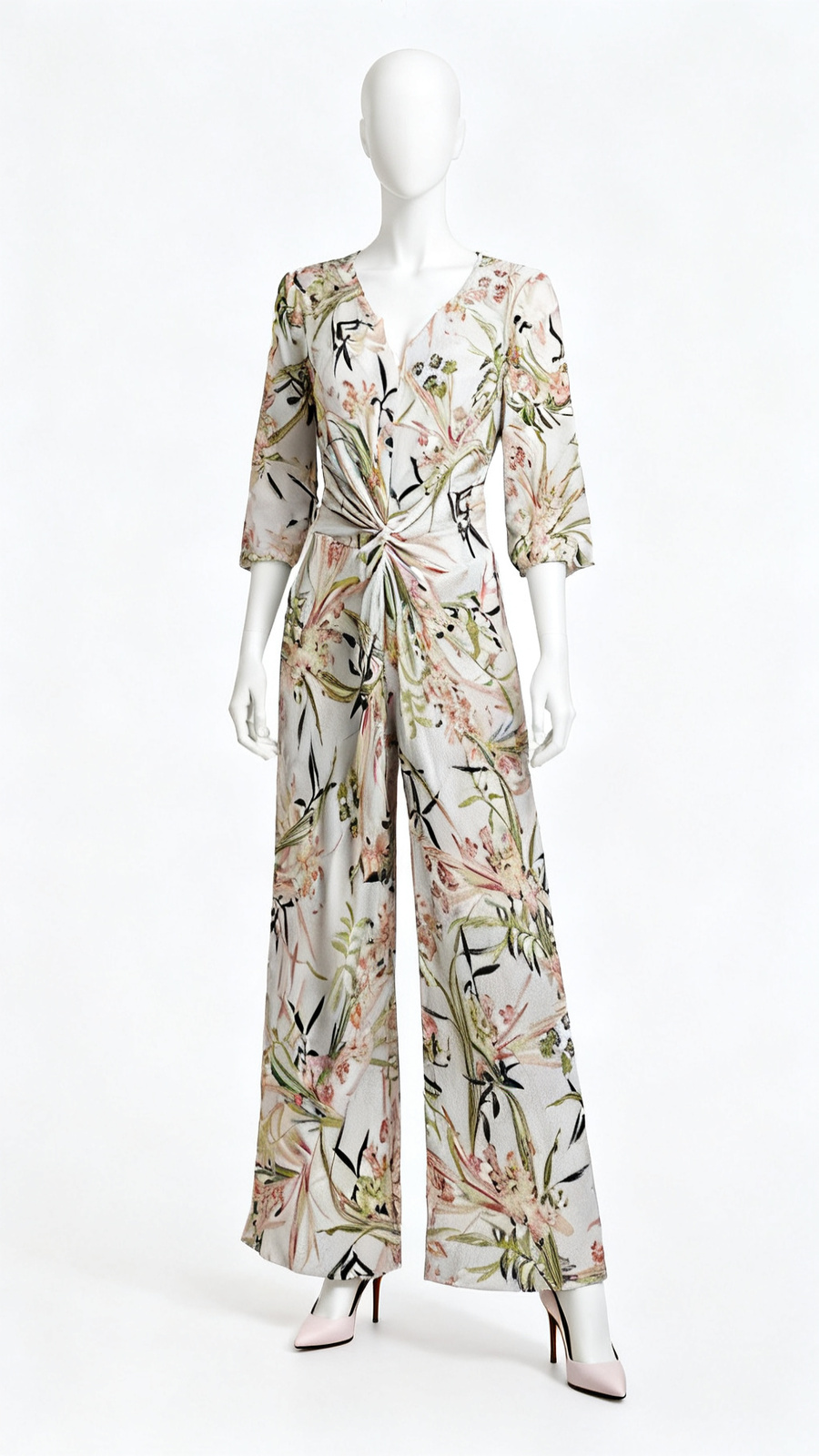 White Floral Three Quarter Sleeve Midi Dress