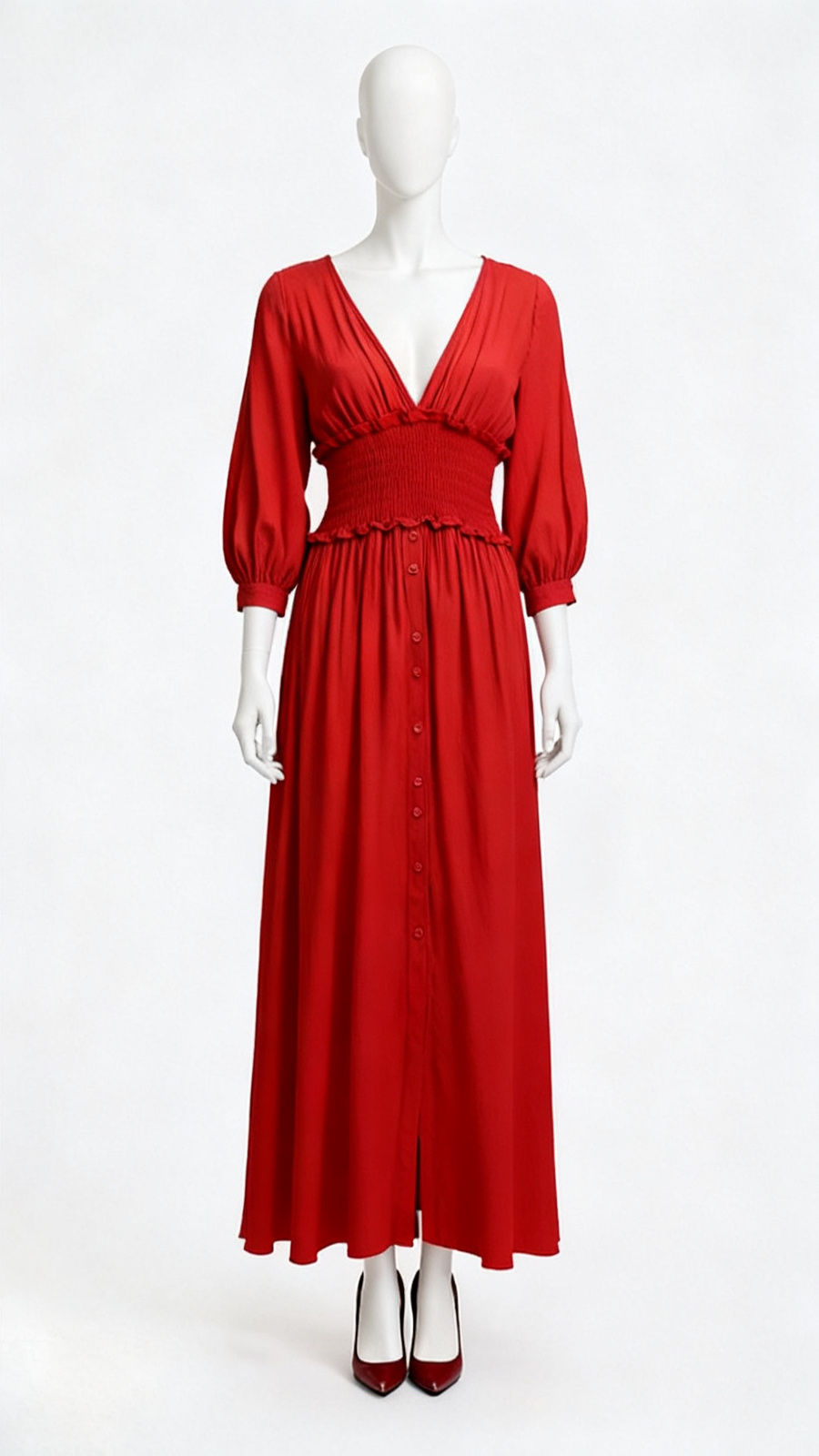 Red V-Neck Smocked Waist Maxi Dress