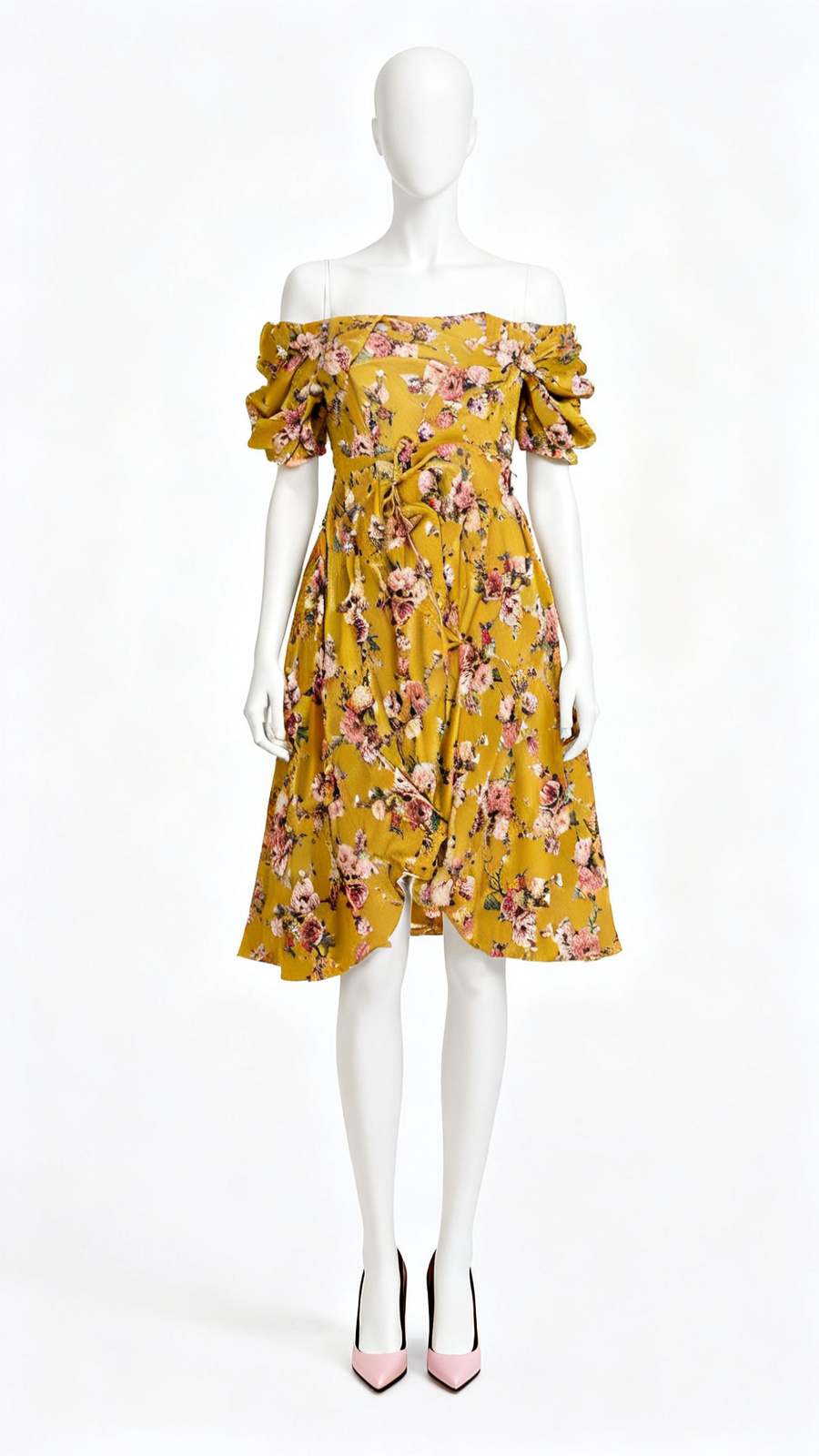 Mustard Floral Puff Sleeve Midi Dress