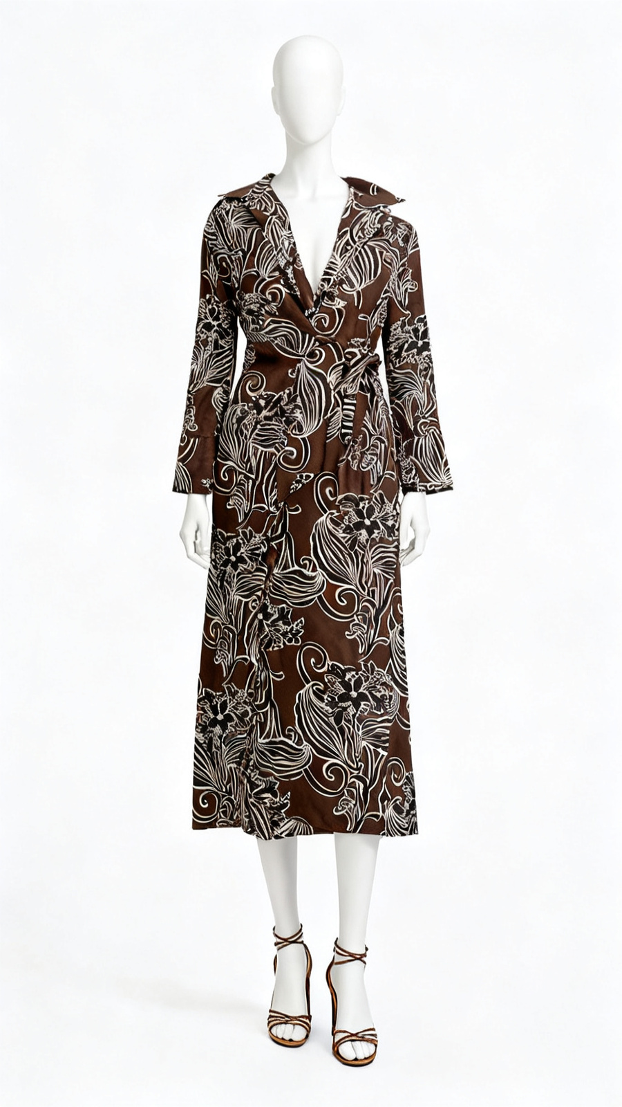 Brown Printed Full Sleeve Wrap Style Midi Dress
