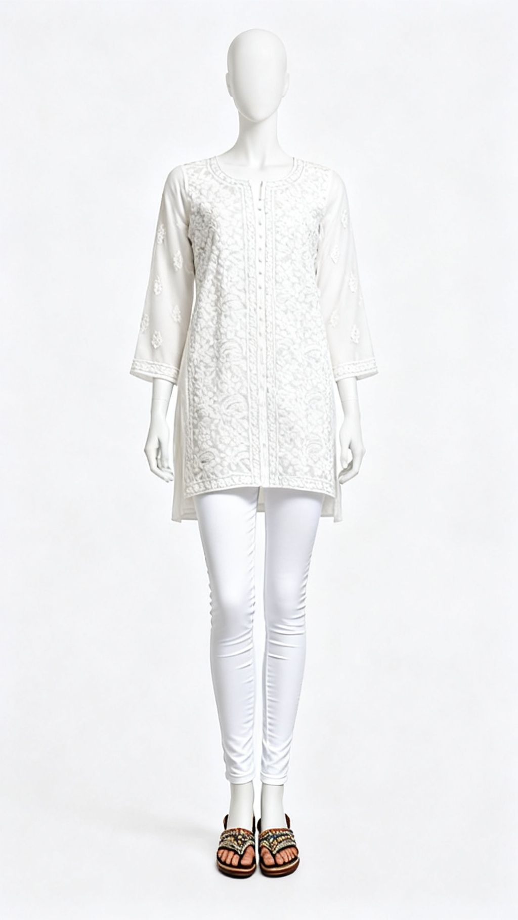 Beige All-Over Embroidered Knee-Length Kurta