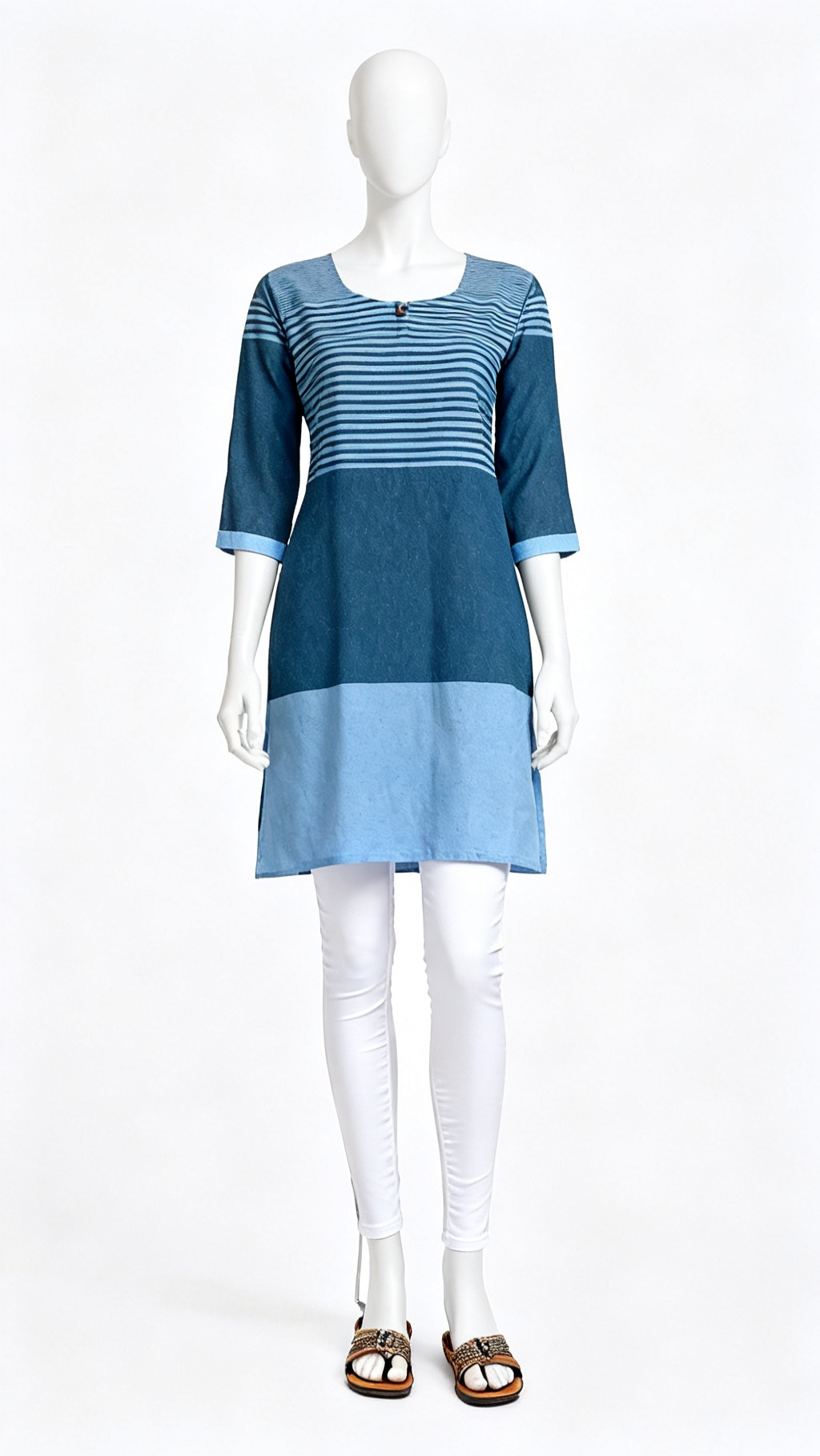 Dual Blue Striped & Solid Cotton Kurta