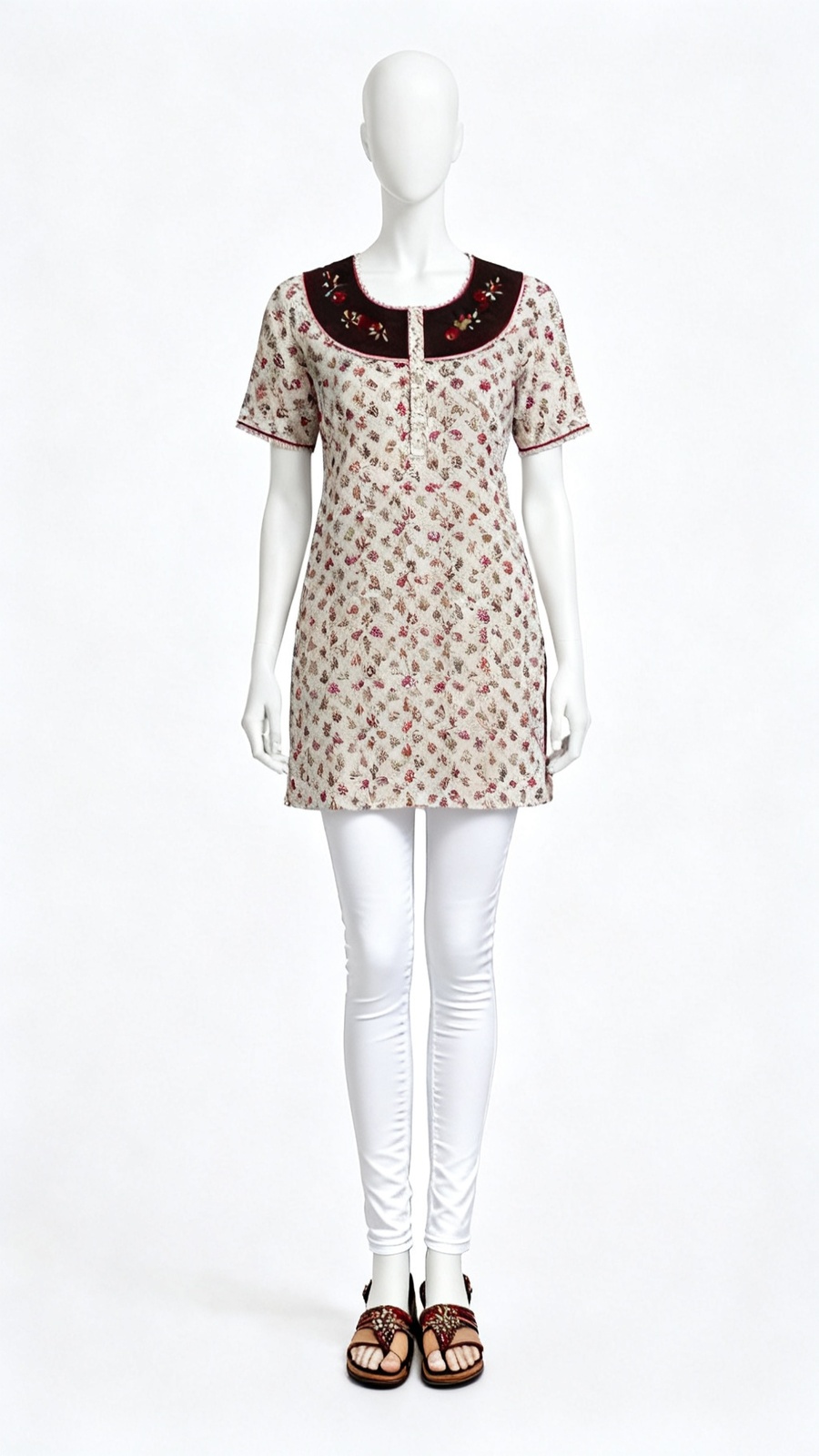 Beige Leaf Printed Short Kurti
