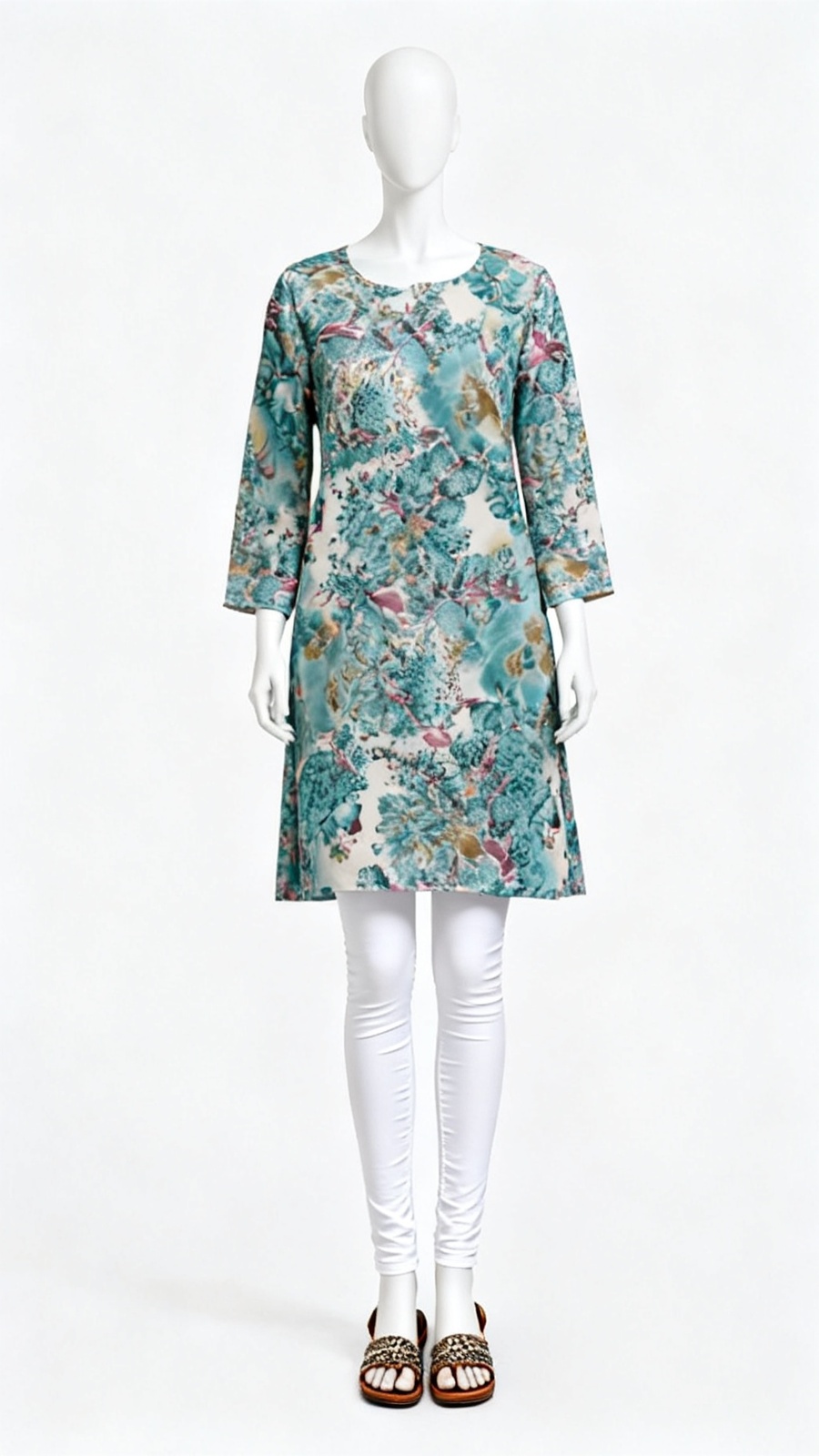 Aqua Floral Printed Long Kurti