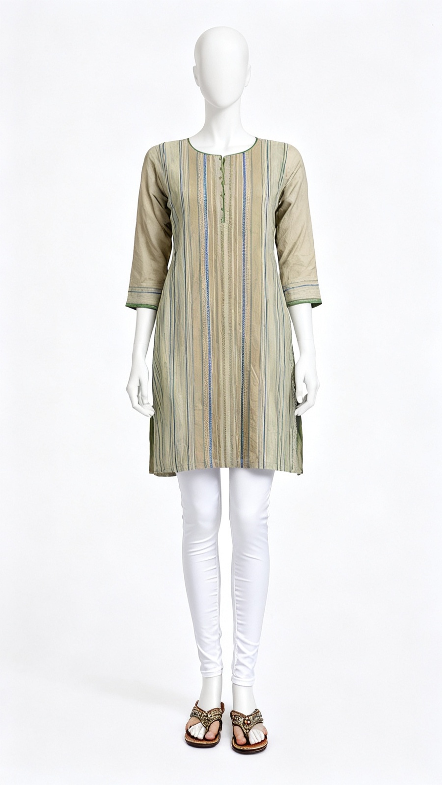 Beige Green Striped Casual Kurti