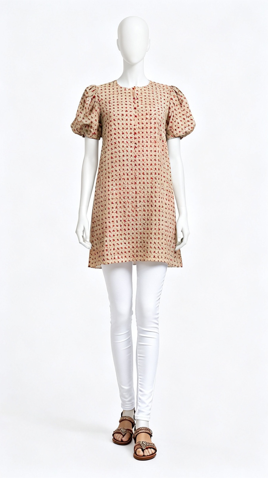 Beige Red Star Printed Kurti