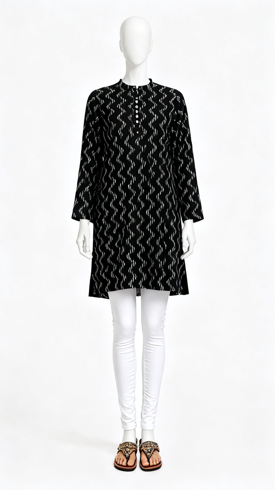 Black Ikat Printed A-Line Kurti