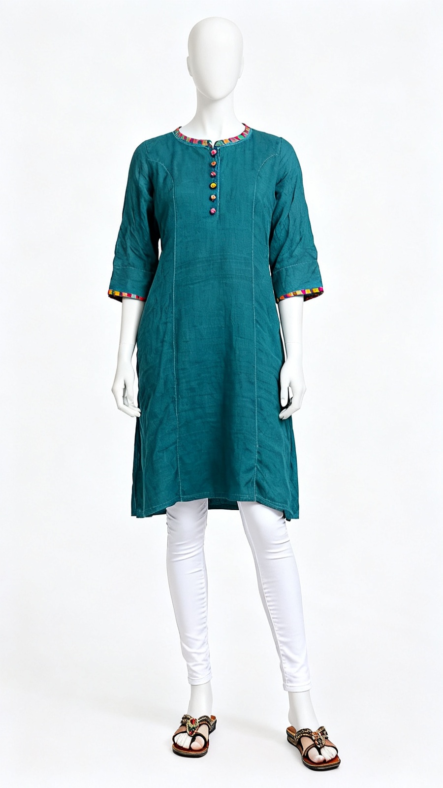 Teal Solid Casual Cotton Kurti