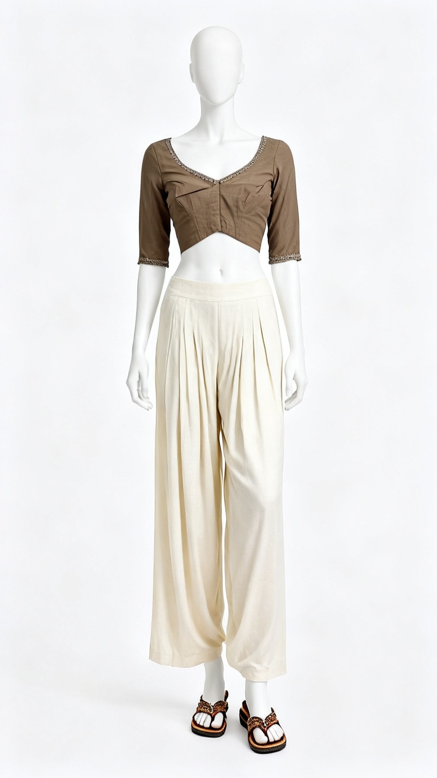 Brown Lace Neck Classic Blouse