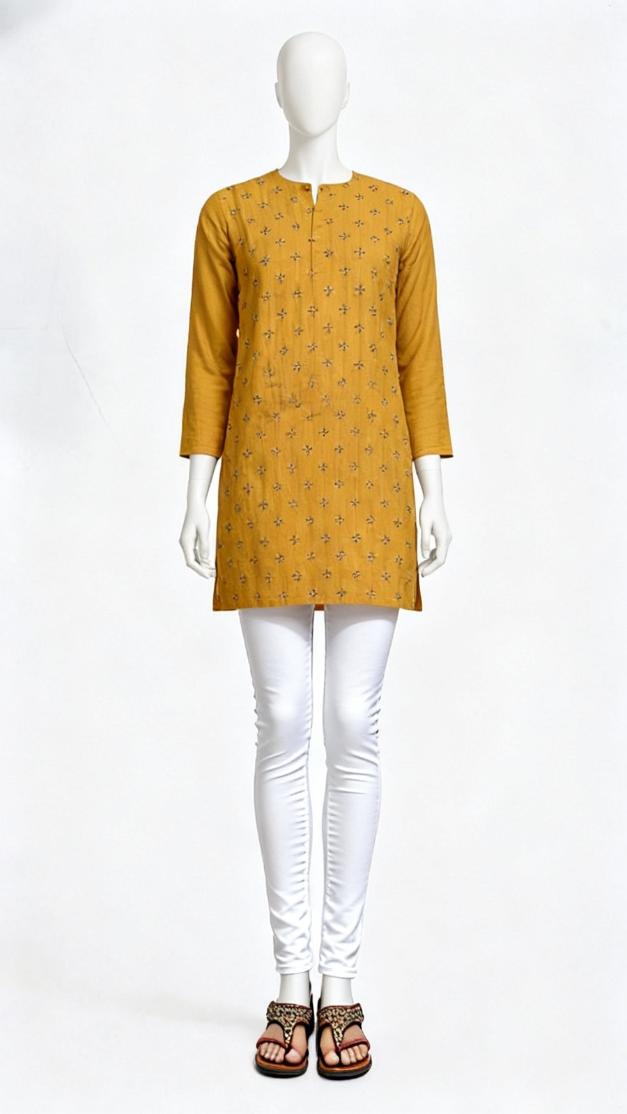 Mustard Yellow Floral Embroidery Kurti