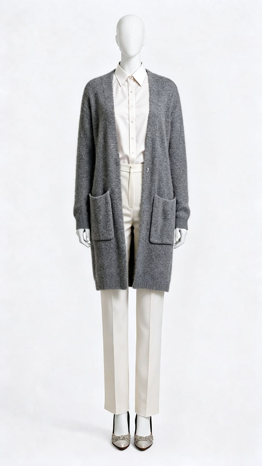 Grey Open Front Long Cardigan Sweater