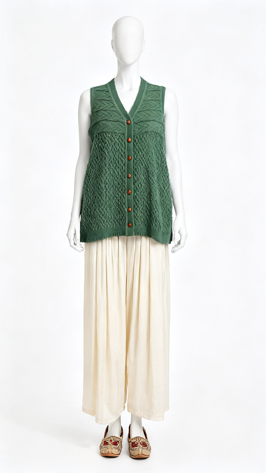 Green Cable Knit Sleeveless Buttoned Sweater Vest