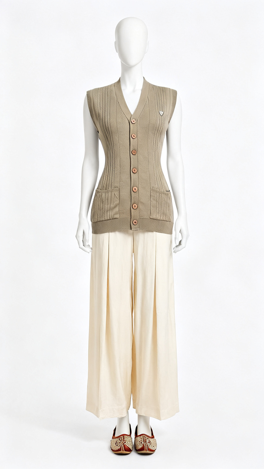 Olive Ribbed Sleeveless Buttoned Sweater Vest