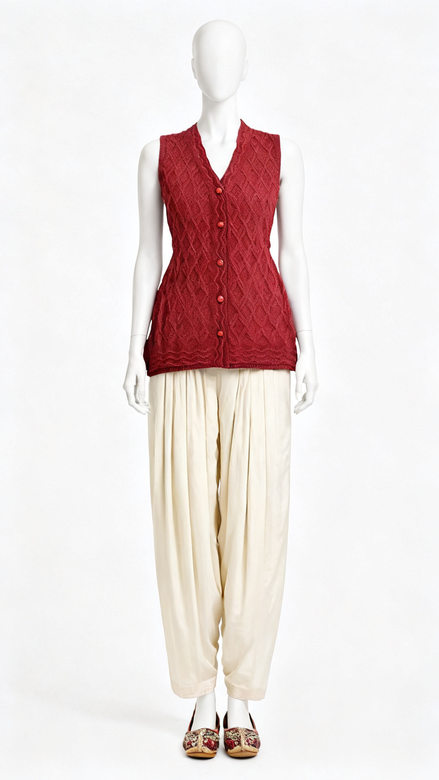 Red Cable Knit Sleeveless Buttoned Sweater Vest