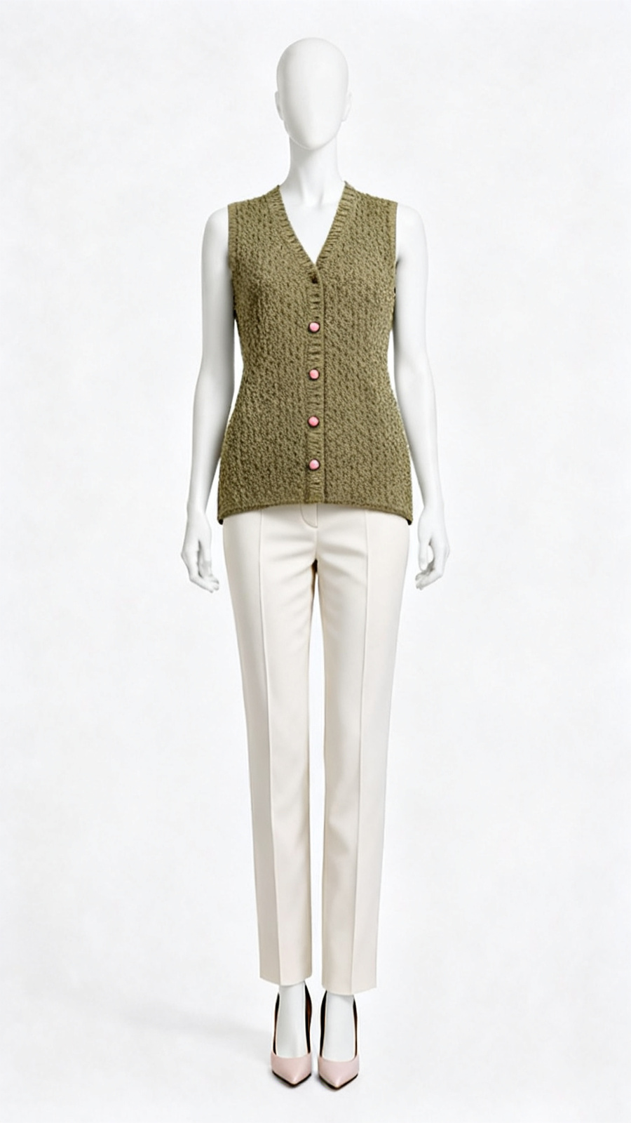 Olive Cable Knit Sleeveless Buttoned Sweater Vest