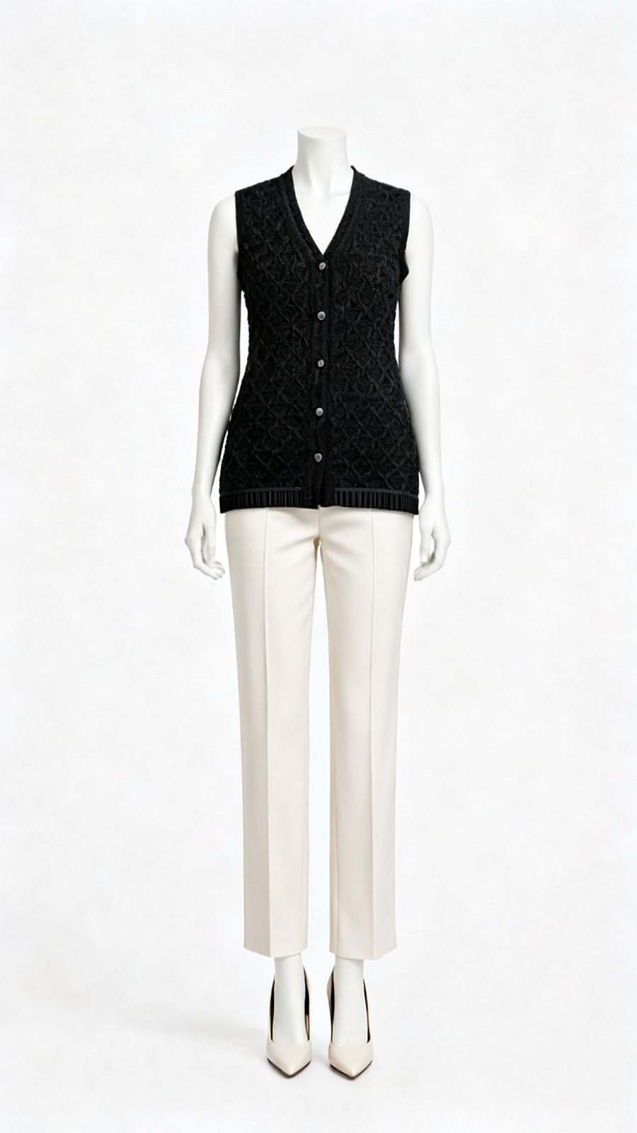 Black Textured Sleeveless Buttoned Sweater Vest