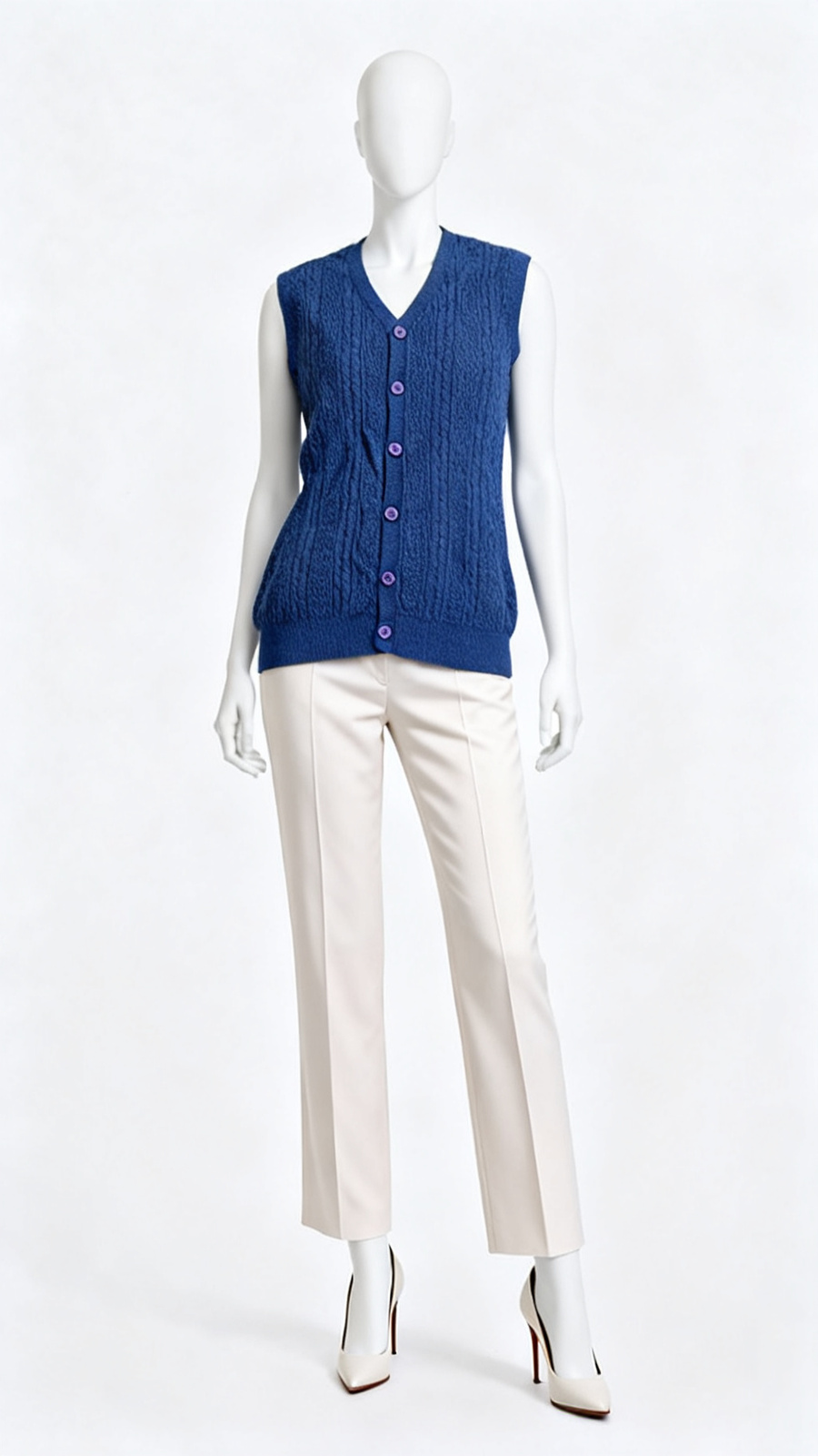 Navy Blue Sleeveless Buttoned Knit Sweater Vest