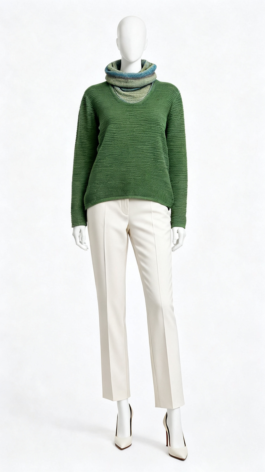 Green Ribbed High Neck Full Sleeve Sweater
