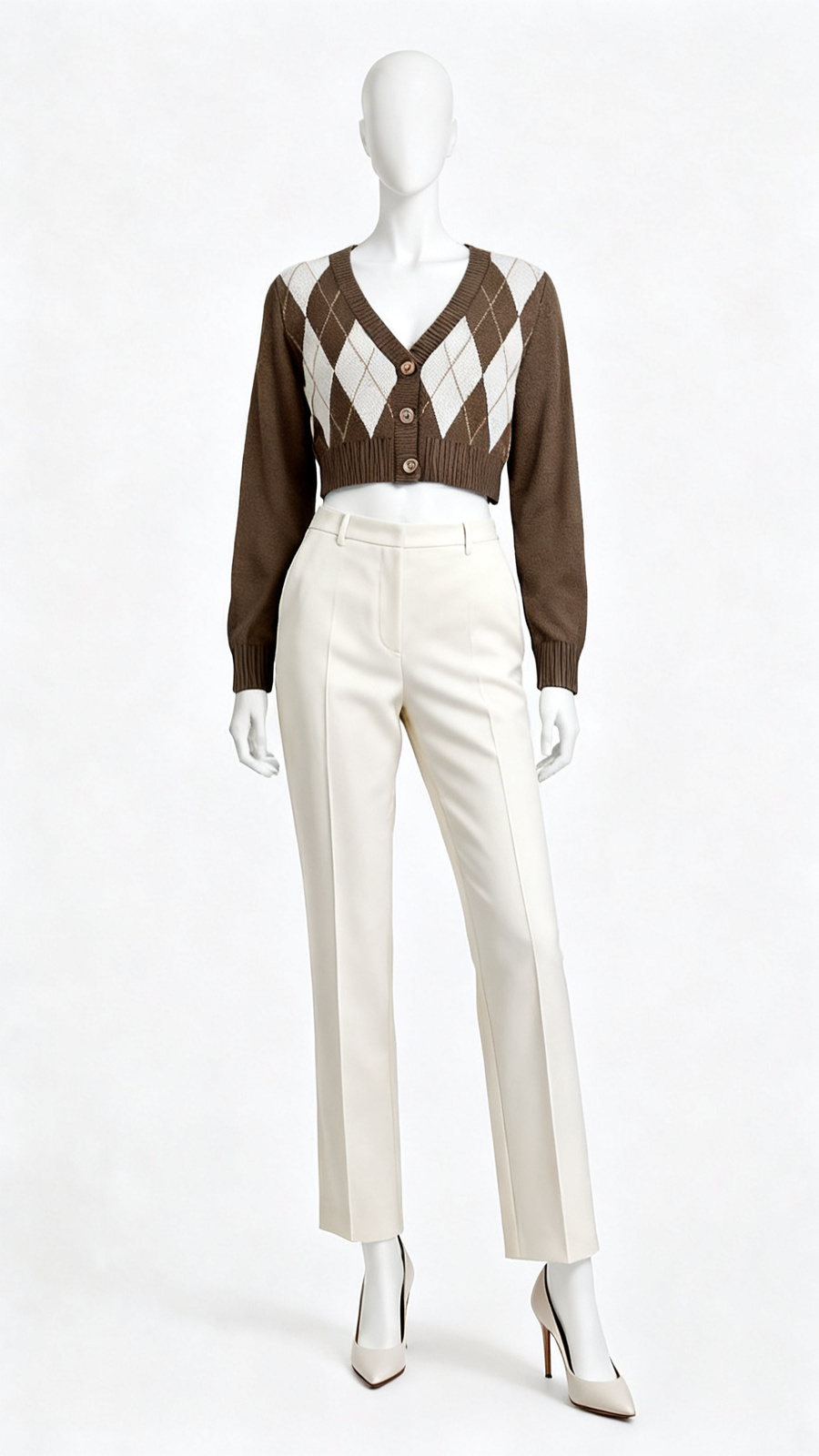 Brown Argyle Crop Knit Cardigan