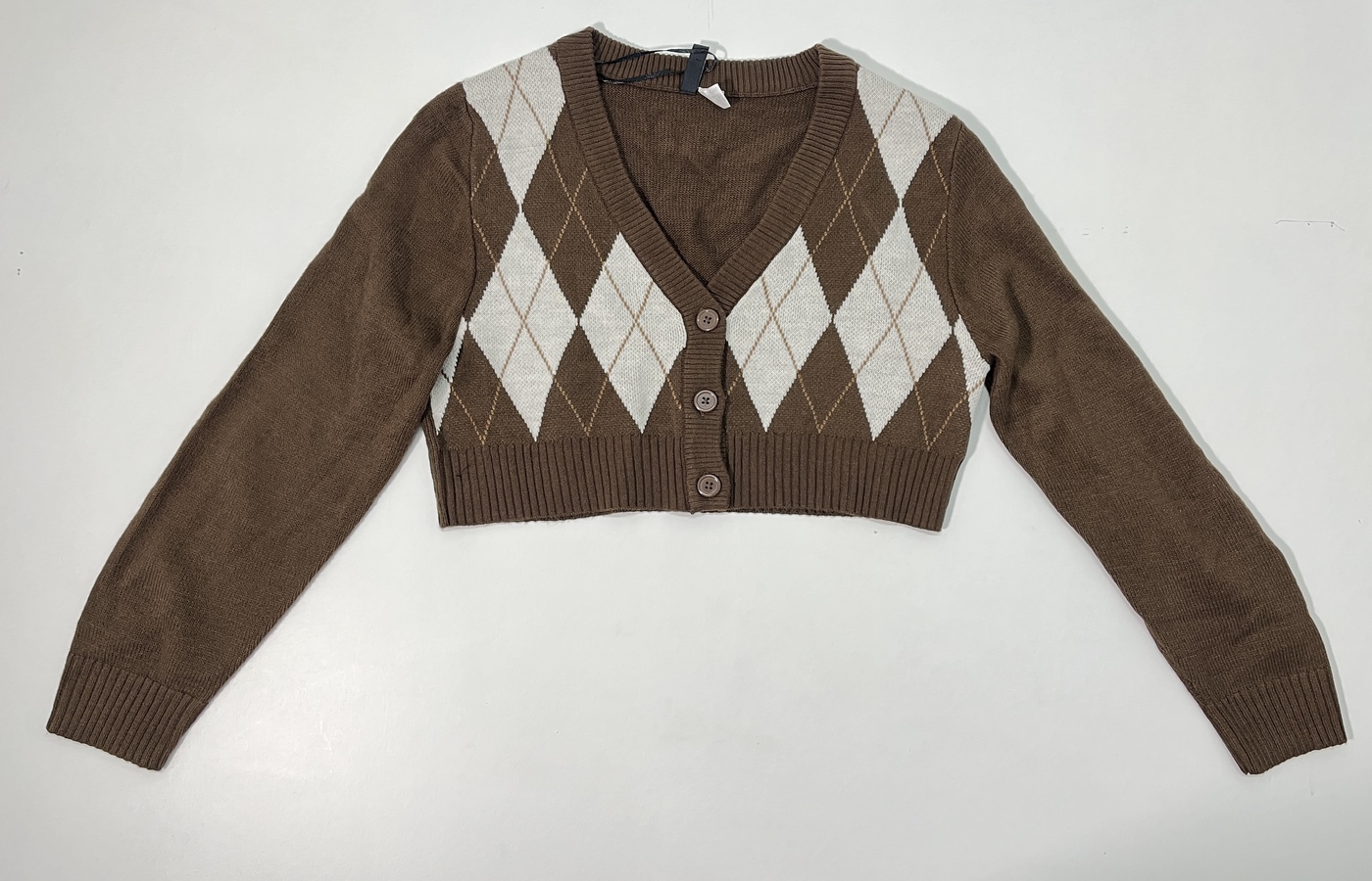 Brown Argyle Crop Knit Cardigan - Image 4
